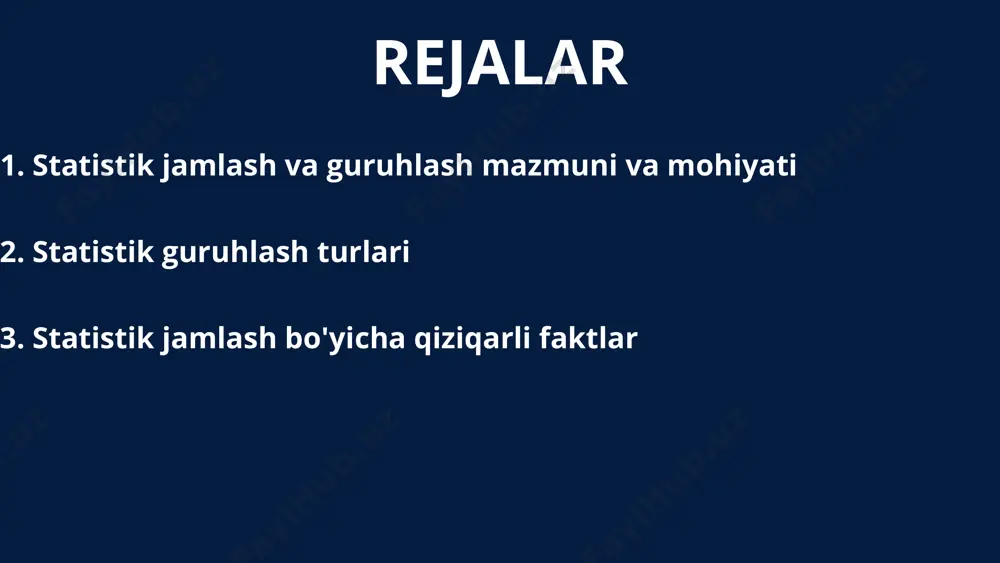 jamlash jarayonlarida sun’iy intellekt va katta ma’lumotlar (big data) texnologiyalaridan foydalaniladi. bu yondashuv katta hajmdagi ma’lumotlarni tezkor va samarali tahlil qilishga yordam beradi. statistik jamlash va guruhlash tadqiqotchi yoki tahlilchi uchun ma’lumotlar orasidagi mantiqiy bog’liqliklarni aniqlash, umumiy xulosalar chiqarish va qarorlar qabul qilishda muhim ahamiyat kasb etadi. misol uchun • aholini yosh guruhlari bo‘yicha guruhlash: misol uchun, aholini 0-18 yosh, 19-35 yosh, 36-60 yosh va 60 yoshdan yuqori guruhlarga bo‘lish orqali har bir yosh guruhidagi aholi sonini tahlil qilish mumkin. • mahsulot savdosini guruhlash: mahsulotlarning savdo hajmlarini haftalar yoki oyliklar bo‘yicha guruhlash orqali xarid tendensiyalarini aniqlash mumkin. bugungi kunda dunyo bo’ylab yaratib borilayotgan ma’lumotlar hajmi mislsiz darajada katta. har kuni global miqyosda 2.5 kvintillion baytdan ko’proq ma’lumot ishlab chiqariladi. bu turli sohalarda, masalan, moliya, sog’liqni saqlash, marketing va sanoatni optimallashtirish uchun qo’llaniladi. 2. sun’iy intellekt yordamida tahlil: katta hajmdagi ma’lumotlarni jamlash va guruhlash orqali sun’iy intellekt (ai) yordamida har xil …