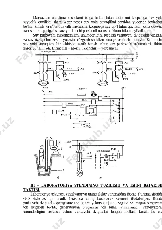 hga bo’lsa, kichik va o’rta quvvatli nasoslarni korpusiga suv qo’l bilan quyiladi; katta quvvati nasoslari korpusiga esa suv yordamchi porshenli nasos- vakkum bilan quyiladi. suv purkovchi mexanizmlarni unumdorligini rostlash yurituvchi dvigatelni tezligini va suv uzatgichni kesim yuzasini o’zgartirish bilan amalga oshirish mumkin. ko’pincha suv yoki suyuqlikni bir tekkisda uzatib berish uchun suv purkovchi uskunalarda ikkita nasos qo’llaniladi. birinchisi – asosiy. ikkinchisi – yordamchi. iii – laboratoriya stendining tuzilishi va ishni bajarish tartibi. laboratoriya uskunasi vintelyator va uning elektr yuritmsidan iborat. yuritma sifatida g-d sistemasi qo’llanadi. 1-rasmda uning boshqaruv sxemasi ifodalangan. bunda yurituvchi dvigatel – qo’zg’atuv cho’lg’ami yakors zanjiriga bog’liq bo’lmagan o’zgarmas tok dvigateli bo’lib, generatordan o’zgarmas tok bilan ta’minlanadi. vintelyatorni unumdorligini rostlash uchun yurituvchi dvigatelni teligini rostlash kerak, bu esa generatorni yakors zanjirida xosil bo’ladigan kuchlanishni o’zgartirish bilan amalga oshiriladi. laboratoriya uskunani tajribaga tayyorlash quyidagi tartibda olib boriladi. generatorni xarakatga keltiruvchi 2 fazali ad manbaga ulanadi. r2 va r3 rubil’nliklar …