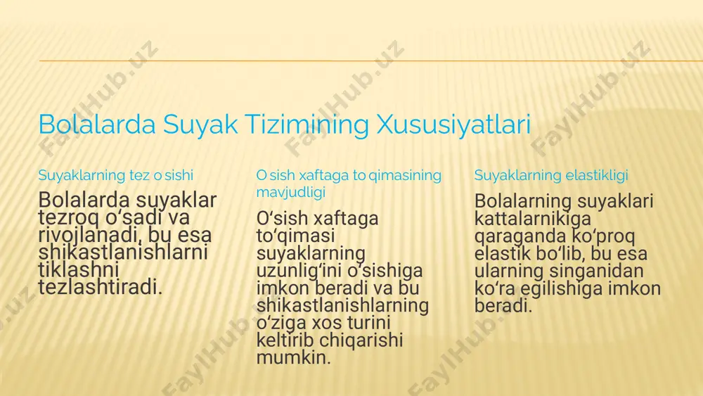 shni talab qilishi mumkin. 6 konservativ davolash usullari 1 gips suyakni himoya qilish va toʻgʻri tuzatish uchun ishlatiladi. 2 shina suyakni qoʻllab-quvvatlash va harakatni cheklash uchun ishlatiladi. 3 dori-darmonlar ogʻriqni kamaytirish va yalligʻlanishni bartaraf etish uchun buyuriladi. 7 operativ davolash usullari 1 suyaklarni mahkamlash singan suyaklarni vintlar, plitalar yoki simlar yordamida bir-biriga mahkamlash. 2 oʻsish xaftaga toʻqimasini tuzatish oʻsish xaftaga toʻqimasining shikastlanishlarini tuzatish uchun jarrohlik aralashuvi. 3 suyakni oʻzgartirish singan suyakni oʻzgartirish va tiklash uchun jarrohlik aralashuvi. 8 bolalarda suyak shikastlanishlaridan keyin reabilitatsiya 1 fizioterapiya harakatni tiklash va muskullarni mustahkamlash uchun mashqlar. 2 erta reabilitatsiya shikastlanishdan keyin tezroq tiklanishga yordam beradi. 3 qoʻllab-quvvatlash va monitoring shifokor va fizioterapevtlar shikastlanishdan keyin bolaning tiklanishini kuzatib boradi. 9 oʻziga xos alomatlar va oldini olish chorlari bolalarda suyak shikastlanishlari katta yoshdagilarga qaraganda koʻproq uchraydi. shuning uchun bolalarning xavfsizligini taʼminlash va ularni shikastlanishdan himoya qilish uchun choralar koʻrish kerak. 10 e’tiboriz uchun rahmat image3.png image4.png …