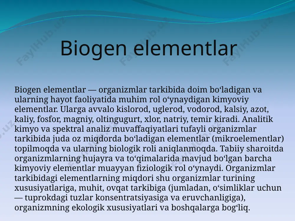 iqdori jinsiy kamolotga yetishish davrida maksimai qiymatga yetadi, so'ngra yosh ulg‘ayishi bilan kamayib boradi. yosh ulg‘ayishi bilan organizmdagi xrom, vannadiy kabi mikroelementlar miqdori ham kamayishi kuzatiladi. organizmda mikroelementiarning yetishmasligi yoki ortiqcha to'planishi hisobiga vujudga keladigan turli xil kasalliklaraniqiangan. ftorning yetishmasligi tish kariysiga, yodning yetishmasligi endemik bo'qoq kasalligiga, molibdenning ortiqchaligi endemik padagra kasalligigaolib keladi. bunday qonuniyatodam organizmida hayot uchun zarur bolgan mineral moddalar konsentratsiyasi oshganda zararli ta’sir ko'rsatadi. bir qancha elementlar (kumush, simob, kadmiy va boshqalar) zaharli hisoblanadi, chunki ulaming organizmga oz miqdorda kirishi ham og‘ir kasalliklarga olib keladi. organizmda biogen elementlarning yetishmasligi tufayli turli kasalliklar paydo boisa, biogen elementlarning ortiqchaligi ham nojo‘ya ta’sirlarni yuzaga keltirib kimyoviy gemostaz hosil bo’lishiga olib keladi. agar organizmga oziq moddalar bilan ortiqcha marganes kiritilsa plazmada mis miqdori ortadi( mn va cu sinergizmi), lekin buyrakda mis midori kamayadi(antagonism). oziq moddalarda molibden miqdorining ortishi jigarda mis miqdorini ortishiga sababchi bo'ladi. oziq moddalarda rux miqdorining oitishi tarkibida temir …