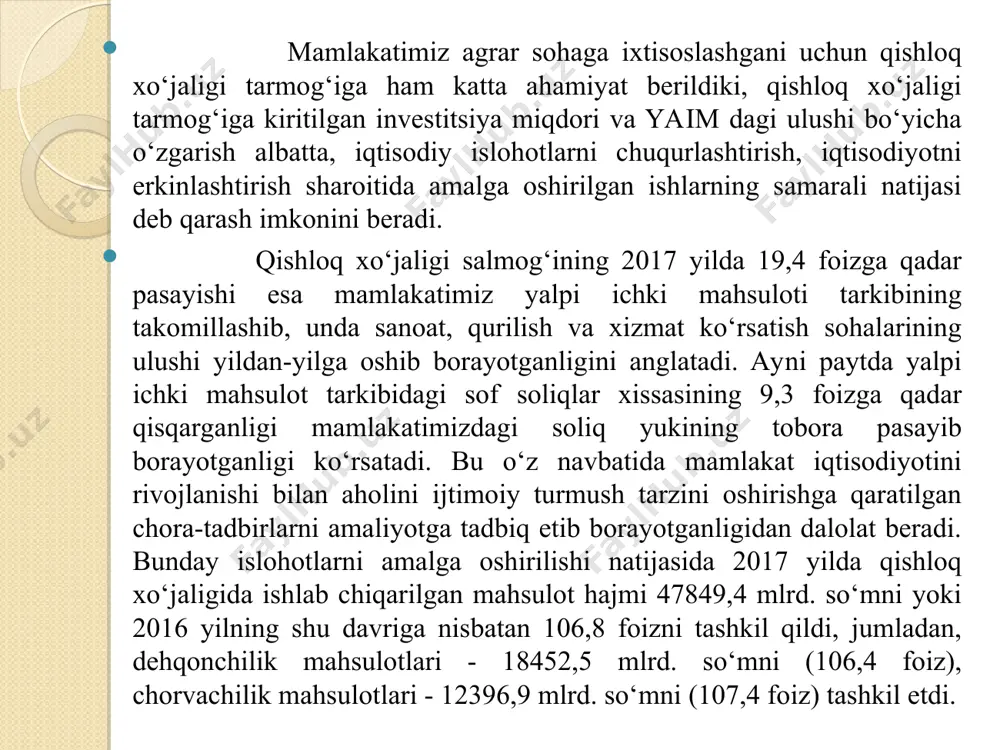 xos xususiyatlari hisobga olindi, mahsulot va xizmatlar yaratish bo‘yicha keskin tabaqalashuvga yo‘l qo‘yilmadi, sohalar bo‘yicha tumanlar o‘zaro bog‘liq va ishlab chiqarilgan mahsulot va xizmatlar qo‘shni tumanlar bozoridagi taqchillikni to‘ldiradi. qashqadaryo viloyatida yahm va xorijiy investitsiyalar oqimi dinamikasining prognoz qiymatlari (2021-2025 yillar) № ko‘rsatkich lar prognoz sцenariylari yillar 2021 2022 2023 2024 2025 1 yalpi hududiy mahsulot pessimistik senariy arima (1,1,0) 1,9 3,6 5,1 6,5 7,8 o‘rtacha senariy arima (1,1,2) 2,2 4,4 6,5 8,6 10,6 optimistik senariy arima (0,2,1) 2,5 5,3 8,0 10,7 13,4 2 xorijiy investitsiyalar hajmi pessimistik senariy arima (1,1,0) 14,4 16,3 17,1 17,4 17,5 o‘rtacha senariy arima (1,1,2) 21,6 31,8 41,3 50,2 58,5 optimistik senariy arima (0,2,1) 26,7 40,0 53,4 66,7 80,0 ishlab chiqarishdagi sifat o‘zgarishlarning iqtisodiy o‘sishga ta’siri iqtisodiy o‘sishga ta’sir qiluvchi va ishlab chiqarishda amal qiladigan kuchlar - uning omillari hisoblanadi. o‘sish yuz bermasa iqtisodiyot statik (o‘zgarmas), aksincha bo‘lsa, dinamik (rivojlanuvchi) holatda bo‘ladi. iqtisodiy dinamikani esa …
