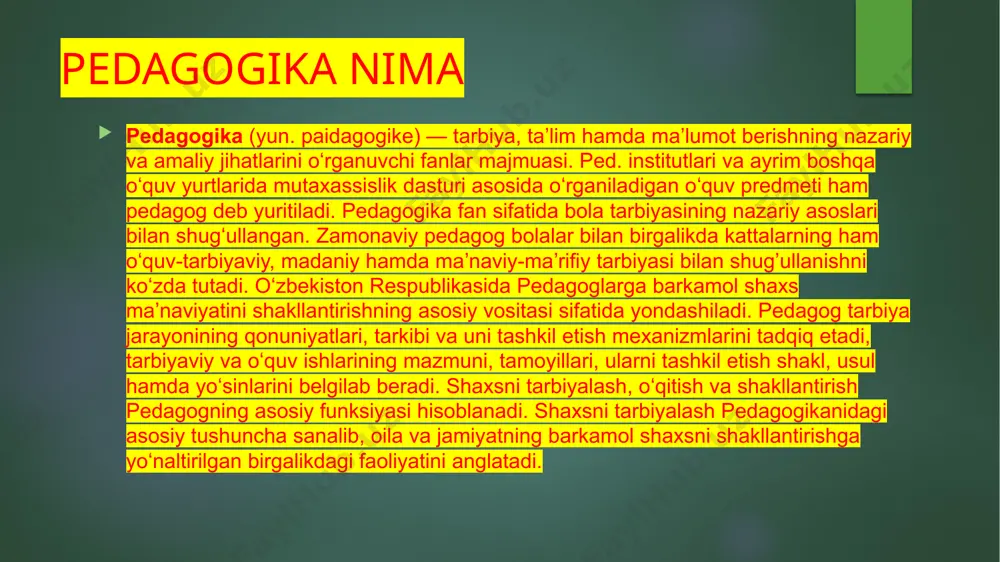 umumiy metodika vazifasini bajaradi. pedagogika mohiyati pedagogika fanining predmeti, oʻqitishning taʼlim-tarbiyaning zamonaviy qonuniyatlari, mazmuni, usullari, vositalari bilan kishilarni, yoshlarni, mutaxassislarni qurollantiruvchi fan boʻlganligi uchun uning metodologik asoslari maqsad va vazifalari dunyoning moddiy-maʼnaviy rivojida shaxs kamoloti uygʻunligi qonuniyatlari va davlatning zamonaviy siyosatidan kelib chiqadi. oʻzbekiston respublikasining taʼlim qonunida -taʼlim davlat ijtimoiy taraqqiyotida ustuvor deb belgilab qoʻyilgan. pedagogika fanining vazifalari sharq va g‘arbda yaratgan xalq og‘zaki ijodiyoti, pedagogikasi, mutafakkir, ma’rifatparvar, pedagog va olimlarning tarbiyashunoslikka doir ilg‘or g‘oyalarini o‘rganib, tahlil qilib, komil insonni tarbiyalash jarayonini o‘rganish; komil insonni tarkib toptirishning qonuniyat, qoida va zaruriy sifatlarini aniqlash; pedagogikadagi ta’lim – tarbiya nazariyasini hozirgi davr xususiy metodikasi bilan uzviylik muammolarini ishlab chiqish va yangi pedagogik texnologiyalar qonunlariga amal qilish; ta’lim – tarbiya nazariyasidagi qoida,qonun, tamoil,metod va usullarini maktab amaliy hayoti bilan bog‘lab,bo‘lajak o‘qituvchilarga o‘rgatish; xalq ta’limini boshqarish va raxbarlik masalarini chuqur o‘rganib bo‘lajak o‘qituvchilarni qanday tayyorlash muammolarini hal qilish. pedagogika fanining mazmuni, maqsadi,vazifalari, tamoil, usul …