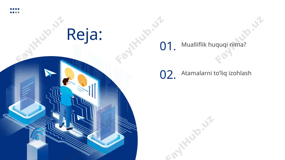amal qiladi. muallif vafotidan keyingi mualliflik huquqi uning merosxo‘rlariga tegishli bo‘ladi va meros bo‘yicha bir shaxsdan ikkinchi shaxsga o‘tadi. amal qilish muddati tugaganidan keyin asar ijtimoiy boylikka aylanadi, yaʼni har qanday shaxs mualliflik haqini to‘lamagan holda erkin foydalanishi mumkin bo‘ladi. (qomus.info) mashqni bajaring part 02 atamalarni to’liq izohlash tilshunoslik va fan sohalarida atamalar muhim ahamiyatga ega. atamalar – ma’lum bir sohaga oid tushunchalarni ifodalovchi maxsus so‘z va birikmalardir. bu mavzuda atamalarning mohiyati, xususiyatlari, turlari va ularni to‘g‘ri izohlash usullari haqida batafsil tushuntirib beramiz. 1. atama nima? atama – bu aniq bir soha, fan yoki kasbga xos tushunchani ifodalovchi maxsus so‘z yoki so‘z birikmasi. masalan: tibbiyot: diagnostika, terapiya, simptom texnika: motor, transformator, sensor iqtisodiyot: inflyatsiya, kapital, investitsiya matematika: funksiya, integral, vektor atamalar odatda umumiy so‘zlardan farqli ravishda aniq, lo‘nda va tushunarli bo‘lishi kerak. atamalarning asosiy xususiyatlari aniqlik – atama faqat bitta aniq tushunchani ifodalaydi. masalan, "radius" – aylananing markazidan chegarasigacha bo‘lgan …