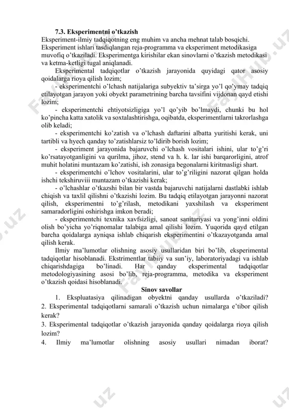 ent o’tkazish jarayoni to’la loyihalanadi: - ko’zatish va o’lchash operasiyalarini o’tkazish ketma-ketlikda to’ziladi; - eksperiment o’tkazishning tanlangan vositalarini hisobga olgan holda har bir operasiya ayrim-ayrim mufassal tavsiflanadi; - operasiyalar sifatini nazorat qilishda qo’llanadigan usullar tasvirlanadi; - ko’zatish va o’lchash natijalarini yozshi uchun daftar tutiladi. eksperimental ma’lumotlarni ishlab chiqish va tahlil qilish usullarini asoslash metodikani muhim bo’limi hisoblanadi. eksperimentlarning natijalari namoyish etishning ko’rgazma shakliga keltirilishi lozim (jadvallar, grafik, nomogrammalar va h. k.) toki ularni qiyoslash va tashkil qilish mumkin bo’lsin. alohida e’tibor ishlab chiqish matematik usullari - empirik bog’liqlik, faktorlar va chiqish parametrlari o’rtasidagi aloqa approksimasiyasi, mezonlar, ishonchli intervallar o’rnatish va b. ga qaratiladi. eksperiment metodikasi ishlab chiqilgandan so’ng eksperimental tadqiqot hajmi va mehnat talabligi aniqlanadi. ular nazariy ishlanmalar chuqurligi va qabul qilingan o’lchash vositalari tavsifi (aniqlik, ishonchlik, tez harakatlanish va h. k.) ga bog’liq. tadqiqotning nazariy qismi qanchalik aniq ifodalangan bo’lsa, eksperiment hajmi va mehnat talabligi shuncha kam bo’ladi . …