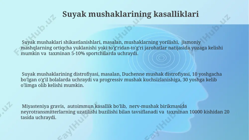 ikrometrgacha yetishi mumkin. har bir tola miyofibrillalardan iborat bo'lib, ular aktin va miozin oqsillaridan tashkil topgan. skelet mushaklarida har bir mushak tolasi motor neyron bilan sinaps hosil qiladi, bu esa neyromuskulyar birikma deb ataladi. bitta motor neyron bir nechta mushak tolalarini innervatsiya qiladi, bu esa motor birligi deb ataladi. aktin va miyozin o'zaro ta'siri har bir miyozin boshchasi atp gidrolizini ishlatib, kuch ishlab chiqaradi va aktin filamenti bo'ylab "qadam" qo'yadi, bu esa sarkomerning qisqarishiga olib keladi. taxminan 100 miyozin boshchasi bir vaqtning o'zida harakat qiladi. aktin va miyozin o'zaro ta'siri ca2+ ionlari konsentratsiyasining oshishi bilan boshlanadi, bu esa troponin c ga bog'lanib, tropomiozinning aktin filamentlaridagi bog'lanish joylarini ochilishiga olib keladi va shu bilan miyozin boshchalari bilan bog'lanish imkonini beradi. miyozin boshchalarining aktin bilan bog'lanishi va ajralishi siklik jarayon bo'lib, atp mavjudligi va kaltsiy ionlarining konsentratsiyasi bilan tartibga solinadi. bu sikl bir necha millisekund davom etadi. suyak mushaklarining turlari skelet mushaklarining …