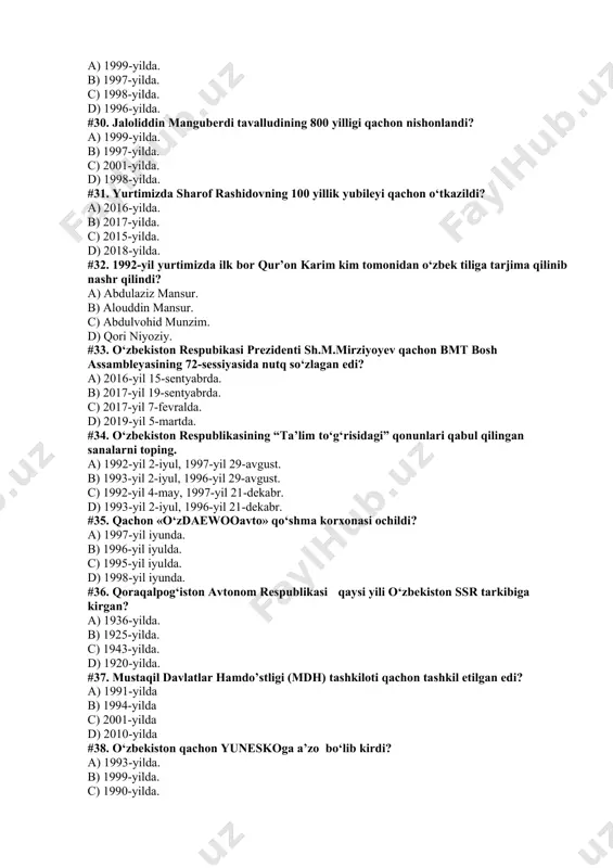 da d) 2010-yilda #38. o‘zbekiston qachon yuneskoga a’zo bo‘lib kirdi? a) 1993-yilda. b) 1999-yilda. c) 1990-yilda. d) 2001-yilda. #39. o‘zbekiston respublikasi qaysi tashkilotga a’zo emas? a) yevropa ittifoqiga. b) yunesko ga. c) xalqaro valyuta fondiga. d) jahon bankiga. #40. o‘zbekiston birlashgan millatlar tashkiloti (bmt)ga qachon a’zo bo’lgan? a) 1992-yil 2-martda. b) 1995-yil 12-mayda. c) 1997-yil 31-avgustda. d) 1945-yil 24-oktyabrda. #41. toshkentda bmtning vakolatxonasi qachon o‘z faoliyatini boshladi? a) 1993-yil oktabrda. b) 1990-yil martida. c) 1996-yil aprelida. d) 1999-yil iyunida. #42. 2016 yil 4-dekabrda bo‘lib o‘tgan prezident saylovlarida sh.m.mirziyoyev qaysi partiyadan nomzod sifatida ko‘rsatilgan edi? a) xalq demokratik partiyasidan b) o‘zbekiston liberal-demokratik partiyasidan c) adolat sotsial-demokratik partiyasidan d) milliy tiklanish partiyasidan #43. o‘zbekiston shanxay hamkorlik tashkiloti (shoc)ga qachon a’zo bo‘ldi? a) 2001-yil 15-iyun. b) 1998-yil 12-fevral. c) 2011-yil 12-iyul. d) 2005-yil 15-iyun. #44. o‘zbekiston tashabbusi bilan tashkil etilgan"6+2" uchrashuvi qaysi masalaga bag‘ishlab o‘tkazilgan edi? a) afg’oniston muammosiga b) orol muammosiga c) …