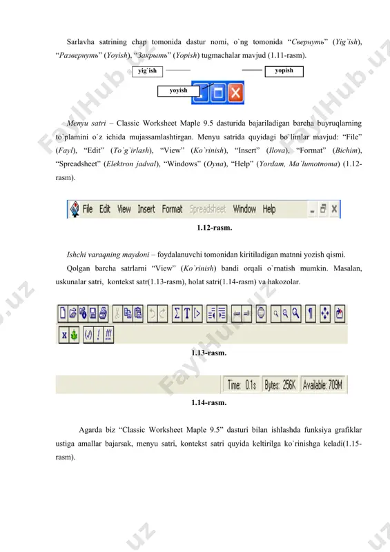 irlash), “view” (ko`rinish), “insert” (ilova), “format” (bichim), “tools” (elektron jadval), “windows” (oyna), “help” (yordam, ma`lumotnoma) (1.19-rasm). 1.19-rasm. “maple 9.5”dagi uskunalar satri, kontekst satri(1.20-rasm), palitralar bo`limi (1.21-rasm) va holat satri(1.22-rasm). 1.20-rasm. 1.21-rasm. 1.22-rasm. shuni nazarda tutish kerak-ki, “classic worksheet maple 9.5” dasturidagi palitralar bo`limiga nisbatan “maple 9.5” dasturining palitralar bo`limi bilan ishlash ancha qulay hisoblanadi. asosiy menyular satrining holati ishchi varaqqa aks ettirilgan hujjatning mazmuniga qarab o`zgarib turadi. buni biz yuqorida ham aytib o`tgan edik(1.23-rasm). 1.23-rasm. ishchi varaqda grafik tasvirlangan bo`lsa, u holda asosiy menyular satrining holati 1.15 va 1.23–rasmlarda tasvirlangan ko`rinishda bo`ladi. agar ishchi varaqda ma’lumotlar maydoni tasvirlangan bo`lsa, unda dasturdagi elementlar 1.9 va 1.17–rasmlardagi standart ko`rinishda bo`ladi. sichqoncha ko`rsatkichini asosiy menyular satrining ixtiyoriy menyusiga keltirib chap tugmasi bosilsa, menyu faollashib, undagi komandalar yoki qismiy menyular ro`yxatini ko`rish mumkin. menyular ro`yxatidagi biror komandani sichqoncha yoki komandaning o`ng tomonida ko`rsatilgan tugmalar yordamida bajarish mumkin. asosiy menyular satrining pastki qismida amalda tez-tez …