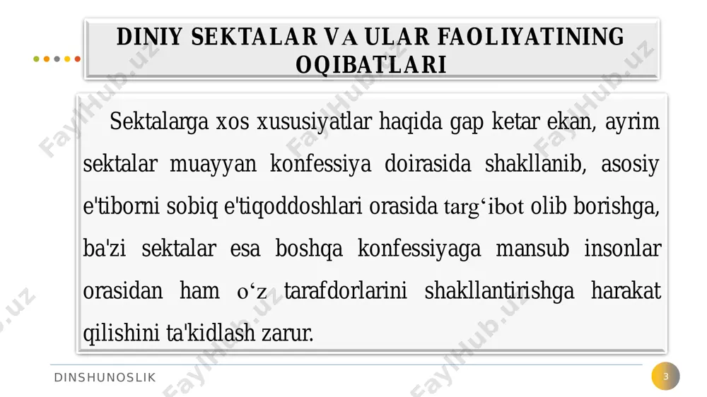 nday og‘ir oqibatlarga olib kelishi mumkinligini ko‘rsatadi dinshunoslik missionerlikka qarshi kurashning huquqiy-amaliy asoslari 11 o‘zbekistonda mustaqillikning ilk yillaridanoq missionerlik va prozelitizmning salbiy oqibatlarga olib kelishini hisobga olgan holda bu borada tegishli qonuniy asoslar ishlab chiqildi. qonunlarda missionerlik harakatlari taqiqlandi. «bir diniy konfessiyadagi dindorlarni boshqasiga kiritishga qaratilgan xatti-harakatlar (prozelitizm), shuningdek boshqa har qanday missionerlik faoliyati man etiladi. ushbu qoidaning buzilishiga aybdor bo‘lgan shaxslar qonun hujjatlarida belgilangan javobgarlikka tortiladilar» (o’zrning “vijdon erkinligi va diniy tashkilotlar to’g’risida”gi qonuni(yangi taxriri)5-modda, 3-band). dinshunoslik mazkur moddadan kelib chiqib, «o‘zbekiston respublikasining ma'muriy javobgarlik to‘g‘risidagi kodeksi»ga noqonuniy diniy xatti-harakatlarning oldini olish bilan bog‘liq bir qator moddalar kiritilgan. jumladan: 12 diniy yig‘ilishlar, ko‘cha yurishlari va boshqa diniy marosimlar o‘tkazish qoidalarini buzish; diniy mazmundagi materiallarni tarqatish maqsadida qonunga xilof ravishda tayyorlash, saqlash, o‘zbekiston respublikasi hududiga olib kirish yoki tarqatish; o‘zbekiston respublikasida g‘ayriqonuniy nodavlat notijorat tashkilotlari, oqimlar, sektalar faoliyatida qatnashishga undash; dinshunoslik 13 noqonuniy diniy faoliyat bilan shug‘ullanish; diniy tashkilotlar rahbarlarining …