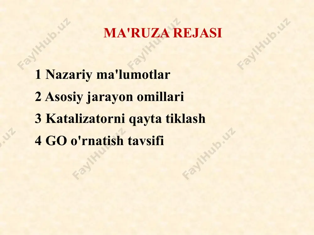 reking uchun xom ashyoni tayyorlash (go vakuumli gaz moylari) nazariy ma'lumotlar geteroatomik birikmalar uglevodorodlarga qaraganda tezroq gidrogenolizga uchraydi heteroatomlar gidrotozalash ozuqasidan sifatida chiqariladi vodorod sulfidi ammiak suv oltingugurtni olib tashlash eng oson , keyin kislorod , azot eng barqaror geteroatomik birikmalarni olib tashlashdan tashqari, to'yinmagan uglevodorodlarning ( alkenlar , alkadienlar va qisman aromatik uglevodorodlar) to'yinganligi sodir bo'ladi. gidrotozalash jarayonining kimyosi gidrotozalash jarayonining kimyosi asosiy gidrodesulfurizatsiya reaktsiyalari uzilishi bilan bog'liq - uglerod - oltingugurt - uglerod-azot - uglerod-kislorod va vodorod bilan erkin valent bog'lanishlarning to'yinganligi . bir vaqtning o'zida tiofenlarda olefinik qo'sh bog'larning vodorod bilan to'yinganligi sodir bo'ladi. aromatik halqalar, masalan, benzotiofenlarda , qoida tariqasida, to'yingan emas. istisno dibenzotiofenlardir . c-c aloqalari amalda buzilmaydi gidrotozalash jarayonining kimyosi oltingugurt birikmalari merkaptanlar rsh + h 2 \ u003d r h + h 2 s - sulfidlar a) asiklik rsr'+2h 2 = rh+r'h+h 2 s; b) monosiklik c) velosiped gidrotozalash jarayonining kimyosi - tiofenlar …