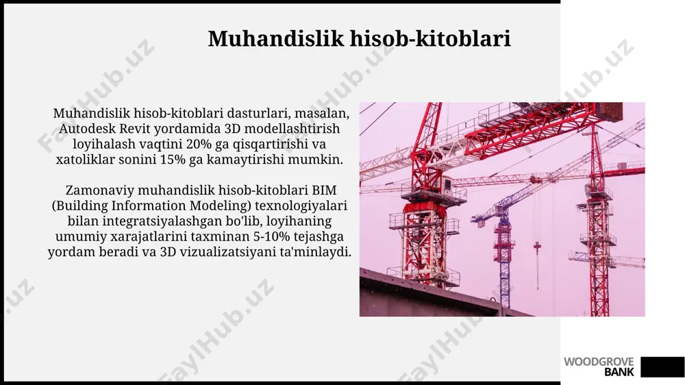 zm holatlarini 80% ga kamaytiradi, bu esa sug'urta xarajatlarini sezilarli darajada tejashga yordam beradi. iot sensorlari yordamida real vaqt rejimida tuzilmalar holatini kuzatish, stress va deformatsiyalarni aniqlash imkonini beradi, bu esa 15% gacha strukturaviy xavfsizlikni oshiradi. woodgrove bank robotlashtirish va avtomatlashtirish qurilishda dronlardan foydalanish inshootlarni kuzatish vaqtini 40% ga qisqartiradi, shuningdek, loyihalash va monitoring jarayonlarida aniqlikni 10% ga oshiradi. robotlashtirish qurilish maydonlarida ishchi kuchi tanqisligini 30% gacha kamaytirishi va xavfsizlikni 15% oshirishi mumkin, bu esa foyda ko'payishiga va xarajatlarni kamayishiga olib keladi. woodgrove bank loyihalashda dasturiy ta'minot loyihalash jarayonini avtomatlashtiradigan dasturiy ta'minotlar loyiha tugallash muddatlarini 20% gacha qisqartirishga va xatolar sonini 10% gacha kamaytirishga yordam beradi. zamonaviy loyihalash dasturlari, masalan, autocad yoki revit, 2d va 3d chizmalarni yaratish, loyiha hujjatlarini boshqarish va hamkorlikni yaxshilash imkonini beradi. woodgrove bank ma'lumotlar tahlili va prognozlash qurilish loyihalarining tugallash muddatlarini 90% aniqlik bilan bashorat qilish uchun mashinani o'rgatish algoritmlaridan foydalanish, kechikishlarni oldini olish va …
