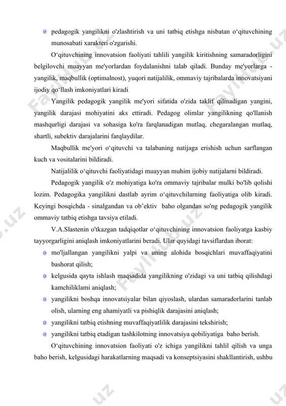 a targ‘ibotchisi sifatida namoyon bo'ladi. hozirgi jamiyat, madaniyat va ta'lim taraqqiyoti sharoitida o‘qituvchi innovatsiya faoliyatiga bo'lgan zaruriyat quyidagilar bilan o'lchanadi: · ijtimoiy-iqtisodiy yangilanish ta'lim tizimi, metodologiya va o‘quv jarayoni texnologiyasining tubdan yangilashni talab qiladi. · bunday sharoitda o‘qituvchining innovatsiya faoliyati pedagogik yangiliklarni yaratish, o'zlashtirish va foydalanishdan iborat bo'ladi; · mazmunini insonparvarlashtirish, doimo o‘qitishning yangi tashkiliy shakllarini, texnologiyalarini qidirishni taqozo qiladi; · pedagogik yangilikni o'zlashtirish va uni tatbiq etishga nisbatan o‘qituvchining munosabati xarakteri o'zgarishi. o‘qituvchining innovatsion faoliyati tahlili yangilik kiritishning samaradorligini belgilovchi muayyan me'yorlardan foydalanishni talab qiladi. bunday me'yorlarga - yangilik, maqbullik (optimalnost), yuqori natijalilik, ommaviy tajribalarda innovatsiyani ijodiy qo‘llash imkoniyatlari kiradi yangilik pedagogik yangilik me'yori sifatida o'zida taklif qilinadigan yangini, yangilik darajasi mohiyatini aks ettiradi. pedagog olimlar yangilikning qo'llanish mashqurligi darajasi va sohasiga ko'ra farqlanadigan mutlaq, chegaralangan mutlaq, shartli, subektiv darajalarini farqlaydilar. maqbullik me'yori o‘qituvchi va talabaning natijaga erishish uchun sarflangan kuch va vositalarini bildiradi. natijalilik o‘qituvchi faoliyatidagi muayyan muhim …