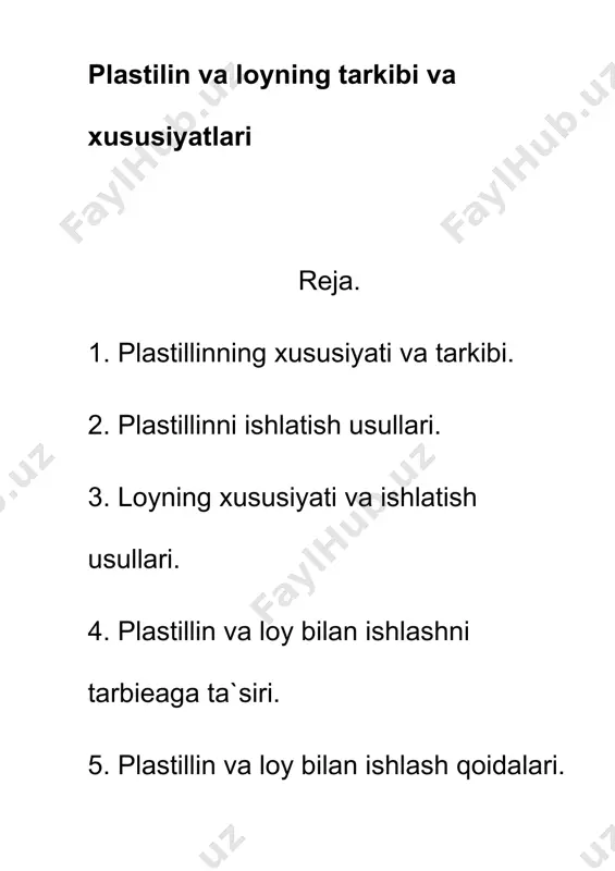 g uchun ish boshlashdan oldin loyni tayyorlash kerak, topilgan matni narsalar yasashga yaroqli yoki yo’qligini oldindan tekshirish kerak. loy shirali va shirasiz bo’ladi. shirasiz loy tarkibida qum ko’p bo’lib, unda yopishqoqlik xususiyati yomon bo’ladi. loy va plastilin ham turli narsalar yasash uchun juda qulay bo’lib, ayrim xususiyatlariga ko’ra, bir-biridan ajralib turadi. masalan plastilin rang-barangligi va doimo ishga tayyor holda ekanligi bilan ajralib turadi. lekin asosiy kamchilik shundaki, plastilin issiqda tez erib ketadi va o’zining qayishqoqlik xususiyatini yo’qotadi. bundan tashqari plastilindan ishlangan haykalchalarni ochiq joyda saqlash juda qiyin. undan asosan kichik modellarni yasashda foydalaniladi. u sunhiy plastik massa bo’lib, loydan hech qachon qurimasligi bilan farqlanadi. plastilin har-xil oddiy va murakkab turlari bo’lib, retseptlari bor. birinchi variant – toza quyuq loyga glitserin qo’shib bir turli massa hosil qilguncha aralashtiriladi. glitserin tayyorlanayotgan massa qo’lga yopishmaydigan holatga kelguncha qo’shiladi. ikkinchi variant - quritilgan toza loy mayda qilib tuyuladi va unga vazelin qushib, qulga yopishmaydigan …