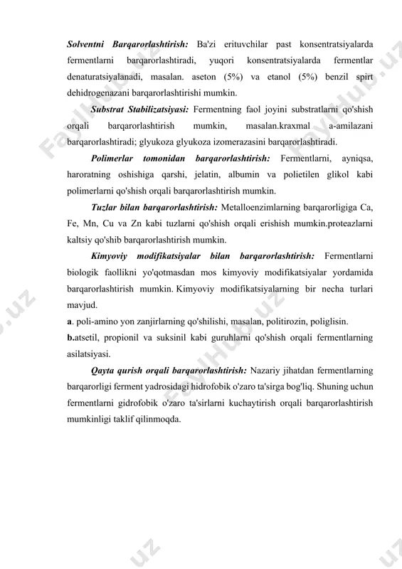 nil kabi guruhlarni qo'shish orqali fermentlarning asilatsiyasi. qayta qurish orqali barqarorlashtirish: nazariy jihatdan fermentlarning barqarorligi ferment yadrosidagi hidrofobik o'zaro ta'sirga bog'liq. shuning uchun fermentlarni gidrofobik o'zaro ta'sirlarni kuchaytirish orqali barqarorlashtirish mumkinligi taklif qilinmoqda. 13- rasm. fermentlarni qayta tiklash orqali barqaror (stabil) lashtirish 1. fermentni kimyoviy davolanadi (masalan, karbamid va disulfid) va keyin uni qayta ishlanadi. 2. qayta tiklash past molekulyar og'irlikdagi ligandlar ishtirokida amalga oshirilishi mumkin. 3. ba'zi fermentlar uchun yuqori haroratlarda qayta eritish (50 co atrofida). saytga yo'naltirilgan mutagenez bilan barqarorlashtirish: saytga yo'naltirilgan mutagenez yanada barqaror va funktsional jihatdan samaraliroq fermentlarni ishlab chiqarish uchun muvaffaqiyatli ishlatilgan, masalan. subtilisin e. tajriba so’lak amilazasi faolligiga faollovchilar va ingibirlovchilarning ta’sirini o’rganish so’lak amilazasiga past konsentratsiyali nacl tuzi faollovchi omil sifatida ta’sir ko’rsatadi. xususan, dializ qilingan so’lak amilazasini kraxmalga nisbatan faolligi yo’qoladi. xuddi shuningdek, ba’zi metal tuzlari fermentlarga faollovchi ta’sir ko’rsatishi va boshqalari ingibirlovchi ta’sir ko’rsatishi mumkin. kerakli asboblar va jihozlar: probirka, kolba, …