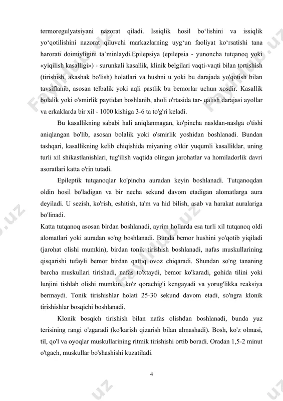 ig'i kengayadi va yorug'likka reaksiya bermaydi. tonik tirishishlar holati 25-30 sekund davom etadi, so'ngra klonik tirishishlar bosqichi boshlanadi. klonik bosqich tirishish bilan nafas olishdan boshlanadi, bunda yuz terisining rangi o'zgaradi (ko'karish qizarish bilan almashadi). bosh, ko'z olmasi, til, qo'l va oyoqlar muskullarining ritmik tirishishi ortib boradi. oradan 1,5-2 minut o'tgach, muskullar bo'shashishi kuzatiladi. tutqanoq vaqtida, agar bemor yuzi bilan pastga (ko'lmakka, axlatga yoki yostiqqa) qarab yiqilgan bo'lsa, u holda bo'g'ilib qolishi mumkin. tutqanoq fazasining oxirida bemorda chuqur behushlik - komaga o'xshash holat kuzatiladi, chaqirishlarga va og'riqlarga javob bermaydi. ko'pincha tutqanoq vaqtida bemorlar ixtiyorsiz ravishda siydik va axlat ajratishlari mumkin. tutqanoqdan so'ng bemorlarda retrograd amneziya kuzatiladi. agar tutqanoq holati ketma-ket kuzatilsa va tutqanoqlar orasida bemor hushiga kelmasa, bu epileptik holat deyiladi, ya'ni u bemor hayotiga xavf tug'dirishi mumkin. kichik tutqanoq, ya'ni turli xil harakatlar va asab buzilishlarining paydo bo'lishi qisqa muddat ichida yo'qoladi, bu holatlar esa tutqanoqqa ekvivalent hisoblanadi. bunday tutqanoqlar …