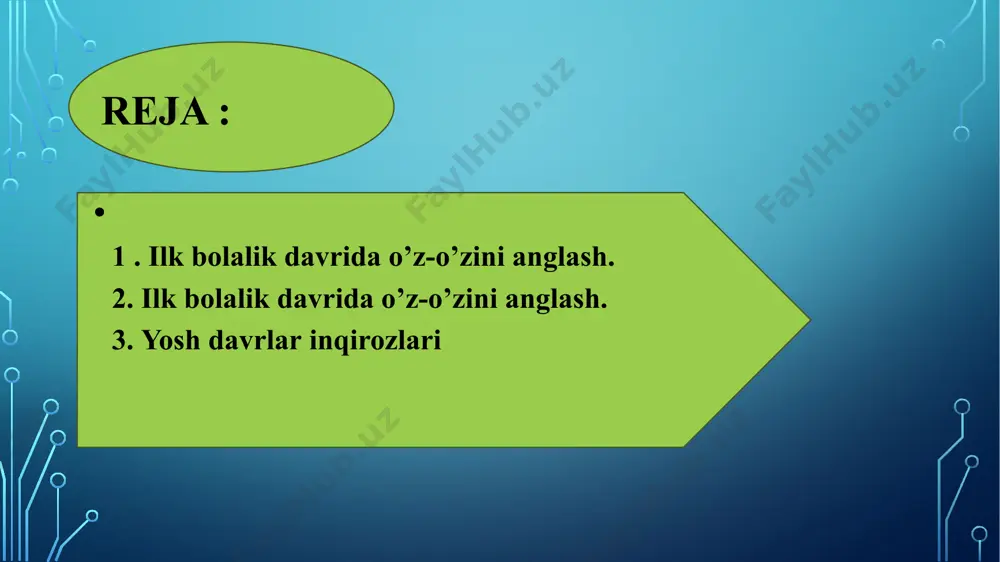 o‘z-o‘zidan ro‘yobga chiqmaydi. uning amalga osliisliiga sabab bolaning avvalgi predmetli harakatini yangi sharoitlaraa bajarishi va uni boshqa predmetlarga ko'chirishidir. “men o‘ynayapman”, “men kiyinayapman”, “men ovqat yeyapman” degan gaplami hamda “o‘zim” degan so‘zni 3 yoshi. bolaning nutqida tez-tez uchratishimiz mumkin. 0 ‘zini uchinchi shaxs olmoshi bilan ifodalashdan “men” olmoshini ishlatishga o‘tishi ilk bolalik davrining eng muhim yutuqlaridan biridir. ba’zi psixologlar, (l.i.bojovich), hatto, ilk bolalik davrining oxiriga kelib paydo bo’luvchi “men” tizimi va uni yuzaga keltiradigan mustaqil harakai qilish ehtiyoji, o‘z “men”ini ro‘yobga chiqarishi, namoyon etish ehtiyoji ushbu davrda yuzaga keluvchi eng markaziy yangi tuzulma, deb hisoblashadi. bu tuzilma ketidan paydo bo’uvchi tuzulmalar orasida o‘ziga-o‘zi baho berishning yuzaga kelishi bolaning shaxs sifatida rivojlanishida o‘ta muhim ahamiyat kasb etadi. shaxs shakllanishining dastlabki bosqichlarida, ya’ni ilk bolalik davrining oxiri va bog‘cha yoshining boshidagi o‘ziga-o‘zi baho berishning genezisida (yuzaga kelishida) bolaning kattalar bilan boigan muloqoti hal qiluvchi ahamiyatga ega boiadi. bola o‘zining imkoniyatlari haqida adekvat …