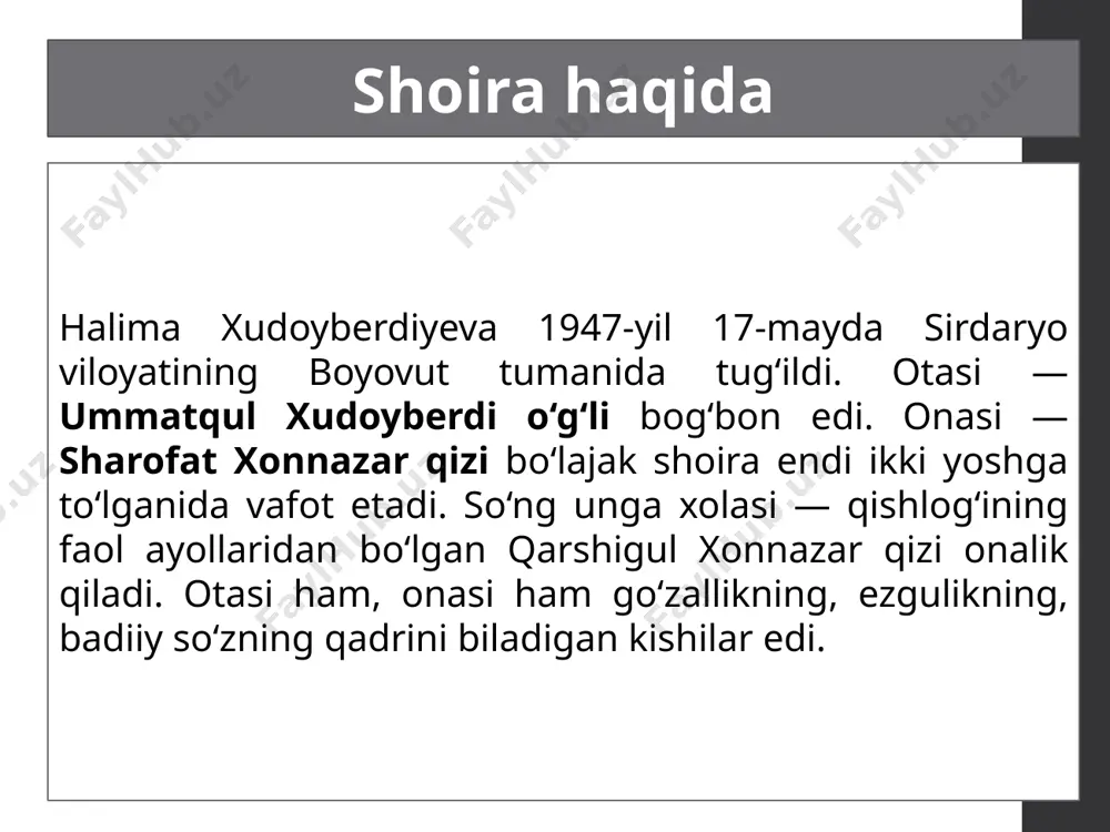 ucharkan shu so‘z, otaginam xayolimda rostlay boshlar qad. dorilomon kunlarga qayt, ona, yumib ko‘z, o‘ksik dilda boshlanmasin desang qiyomat. bu tabiat suyumlidir ham ko‘zlari ko‘r, goh sharobdan, goh og‘udan qilar bizni mast. belginangga tirgak bo‘lay, onajonim, tur, dorilomon quyoshga boq, unga qasdma-qasd. yuzing ardoqli quyoshday issiq va mahvash. ko‘zlaringda umid yonar tikilgan oni. qorli kunlar bilan ketsin dilingdagi g‘ash. “begim, sizni tabiat” she’ri begim, sizni tabiat raso qilib yaratgan, kimlarnidir o‘ychan-u, sizni kulib yaratgan. nogahon berib qo‘yib bu husnni, kamolni o‘zi ham rashk, hasadga to‘lib-to‘lib yaratgan. qiya tushgan nigohni armonga yo‘ymagaysiz, qiz qalbiga sevmoqni osonga yo‘ymagaysiz. qiynamangiz, u o‘zi o‘rtanguchi bir bag‘ir, bu bag‘irni kenglikda osmonga yo‘ymagaysiz. “shunchaki” she’ri mening shunchaki yig‘lagim kelmas, xayol sharob misol qilsin sarxush, mast. mening shunchaki kuylagim kelmas, ovoz pardalarim chidab bersa bas. qo‘lingga tusharkan jajji chaqaloq, shunchaki suymoqda qanday lazzat bor? kerak chinqirtirib o‘pib, tishlamoq, biz ham go‘daklikda topganmiz ozor. e’tiboringiz uchun rahmat! foydalanilgan …