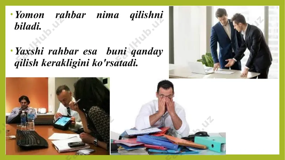 a'lumki, boshqaruvning ko'p sohalarida muvaffaqiyatli rahbarlik faoliyatini ta'minlovchi shaxs xislatlarini aniqlashga doir ko'plab tadqiqotlar olib borilgan. jumladan, o'tgan asrning 50 yillarida, har qanday sohada uddaburro rahbar bo'la olishlikka tegishli xislatlar mavzuida yuzdan ortiq tadqiqotlar o'tkazildi. natijada, boshqaruvni mukammal ijro etuvchi hamma rahbarlarga xos fazilatlar umumlashtirilganda, atigi 5% xislat ko'zga tashlandi. bular quyidagicha:  aql-idrok, murakkab va mavhum muammolarni yechish qobiliyati o'rtadan baland, ammo juda yuqori bo'lmasligi shart;  tashabbus, harakatga ehtiyojni anglash va shunga taalluqli saloxiyatga egalik;  o'ziga ishonch, o'z mahoratini va intilishlarini yuksak baholash. lekin ko'p tadqiqotchilar diqqat-e'tiborlaridagi asosiy xususiyatlardan biri - rahbar shaxsiga xos dominantlik (ustunlik)ka intilishdir. aynan shu sifat rahbarning tashabbusni o'z qo'liga, guruhga yetakchilik qilishiga va murakkab vaziyatda mas'uliyatni o'z bo'yniga olishiga zamin yaratadi. missiya – eng oliy maqsad bo'lib, inson butun umrini shu maqsadga intilish uchun bag'ishlaydi. e'tiqod – inson behad ishonadigan g'oya va fikrlar bo'lib, ularni hatto shubha ostiga olish shaxs uchun noo'rindir. …