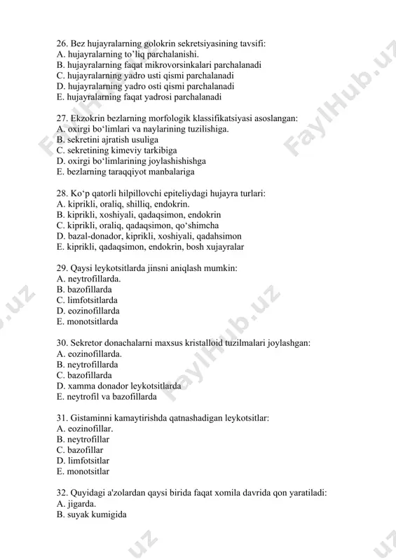hujayralararo moddaning tuzilishiga. b. a'zolarda tog’aylarni joylashishiga c. ularni kelib chiqishiga d. tolali tuzilmalarga e. xujayra elementlarining tarkibiga 46. naysimon suyaklarning eniga o‘sishi nima xisobiga boradi? c. suyak usti pardasi(periost). a. metaepifizar tog’ay plastinkasi b. tashqiumumiy plastinkalar d. ichki umumiy plastinkalar e. osteonlar 47. sarkomer chegaralangan: a. z-chiziqlar bilan. b. izotrop disklar bilan c. anizotrop disklar bilan d n-zonalar bilan e. m- chiziq bilan 48. qisqaruvchi kardiomiotsitlarning birikish turlari: b. interdigitatsiya, desmosoma, neksus. a. sinaps, desmosoma c. zich, oddiy d. barmoqsimon, oddiy e. interdigitatsiya, sinaps 49. nerv nayidan takomillashadigan miotsitlar: a. ko‘zning rangdor pardasi miotsitlari. b. ichki a'zolar devoridagi silliq miotsitlar c. mioepiteliotsitlar d. qisqaruvchi kardiomiotsitlar e. o‘tkazuvchi kardiomiotsitlar 50. skelet mushak tolalari tutamlari o‘ralgan: c. perimiziy bilan. a. epimiziy bilan b. endomiziy bilan d. endotenoniy bilan e. sarkolemma bilan 51. har bir skelet mushak tolalari o‘ralgan: a. endomiziy bilan. b. perimiziy bilan c. epimiziy bilan d. endotenoniy bilan e. …