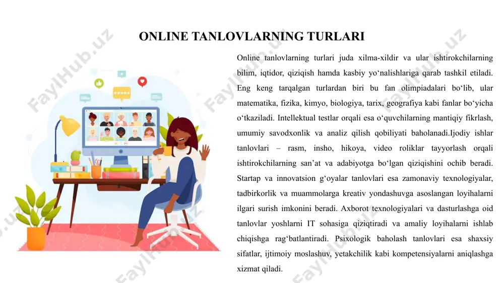 arda ishtirokchilarning ishlari maxsus baholash mezonlari asosida saralanadi. bu mezonlar tanlovning xolis va shaffof o‘tishini ta’minlaydi. eng avvalo, ishtirokchining taqdim etgan ishi mazmunan boy, mantiqan izchil va ilmiy yoki badiiy jihatdan asosli bo‘lishi kerak. ish sifati – ya’ni imloviy xatolarning yo‘qligi, mantiqiy tuzilma va umumiy uslubga rioya qilinishi – asosiy mezonlardan biridir. yaratuvchanlik va mustaqillik ham muhim omil hisoblanadi. ishtirokchi mavzuga o‘ziga xos, noodatiy yondashgan, shaxsiy fikrini mustaqil bayon qilgan bo‘lsa, bu alohida baholanadi. shu bilan birga, ish tanlov mavzusiga to‘la mos bo‘lishi, mavzudan chekinmagan va asosiy talablarni inobatga olgan bo‘lishi kerak. texnik jihatdan esa topshirilgan ishda grafik dizayn, vizual ko‘rinish, fayl formatlari, hajm va tartibga qat’iy rioya etilishi talab etiladi. va nihoyat, har bir ishtirokchi belgilangan muddat ichida ishini topshirishi lozim – kechikkan ishlarga ball kamaytirilishi yoki butunlay rad etilishi mumkin. musobaqa ishi turlari online ko‘rik-tanlovlarda ishtirokchilar tomonidan tayyorlanadigan ishlar turli shakllarda bo‘lishi mumkin. ularning tanlovi tanlov mavzusi, yo‘nalishi …