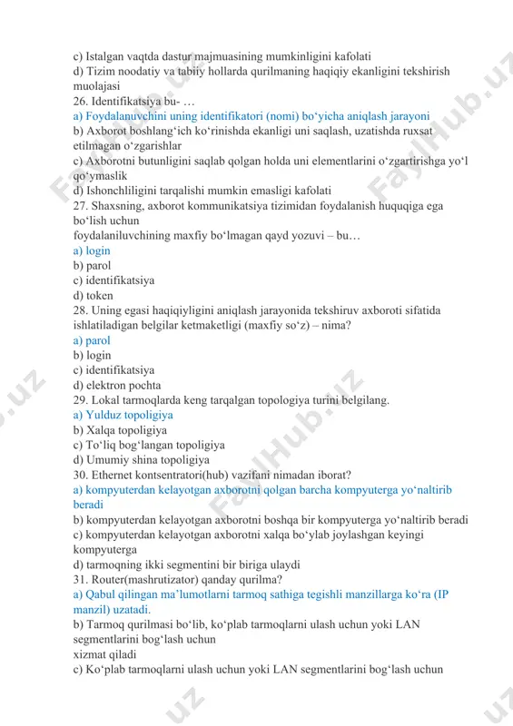 optik tolali b) koaksial c) o‘rama juft d) telefon kabeli 35. wi-fi simsiz tarmog‘i necha hs(gerts) chastotali to‘lqinda ishlaydi? a) 2.4-5 gs b) 2.4-2.485 gs c) 1.5-11 gs d) 2.3-13.6 gs 36. global simsiz tarmoqda qaysi standartlar ishlaydi? a) cdpd, 4g b) wi-fi, 3g c) wimax, 2g d) wi-fi, irda 37. lokal tarmoqdagi kompyuterlarni ulash uchun asosan qanday kabel ishlatiladi? a) o‘ralgan juftlik (utp) b) koaksial kabel c) optik tola d) telefon kabel 38. 192.168.10.5/24 manzilining qaysi qismi tarmoqning identifikatori (manzili) hisoblanadi? a) 192.168.10 b) 192 c) 192.168 d) 192.168.10.5 39. brauzer (masalan, internet explorer) bu: a) veb-sahifani ko‘ruvchi dastur b) antivirus dasturlari c) fayl arxivlari bilan ishlash dasturlari d) internet-serverlar 40. kompyuter tarmog‘ining umumlashtirilgan geometrik tavsifi.... a) tarmoq topologiyasi b) tarmoq qurilmalari c) tarmoq serveri d) tarmoq foydalanuvchilari 41. kompyuter tarmog‘i protokoli -bu ... a) tarmoqdagi ma'lumotlarni qabul qilish va uzatishni, faollashtirishni tartibga soluvchi qoidalar b) tarmoq trafigining texnik …