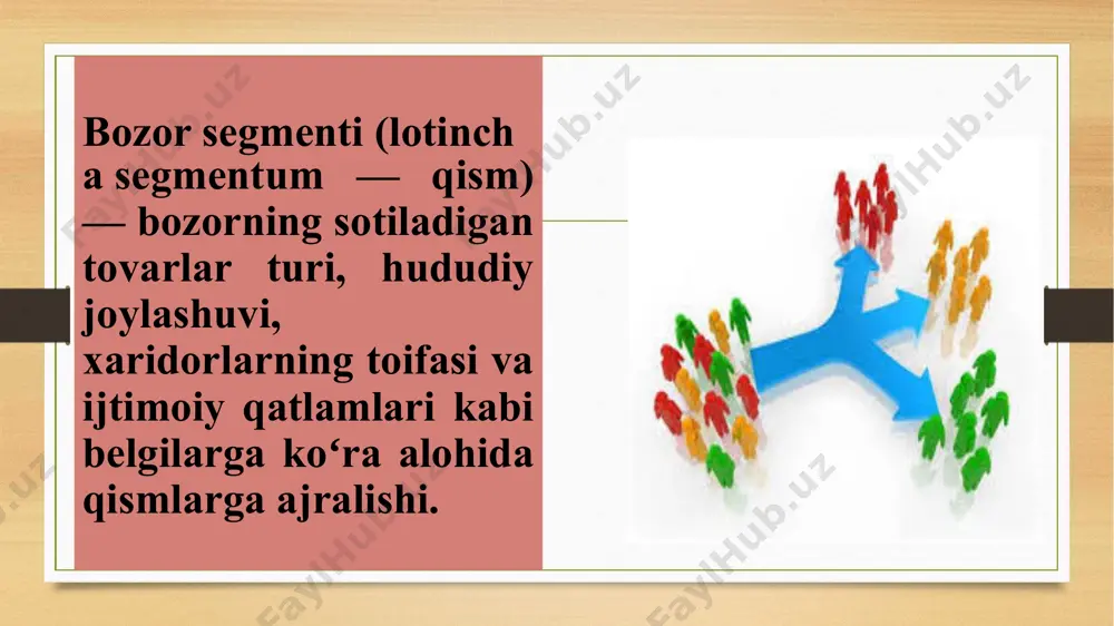 zmatlarni kiritish; bitta xorijiy bozordan boshqasiga kirib borishga ko’maklashuvchi tajriba to’plash; turli mamlakat bozorlarida faoliyat miqyosini kengaytirish hisobiga mablag’larni tejash 5. tashqi bozorlarda kabinet va dala tadqiqotlari xalqaro bozorni o’rganish kabinet tadqiqotlari va dala tadqiqotlaridan foydalanishni nazarda tutadi. kabinet tadqiqotlari ikkilamchi axborot (spravochniklar, maxsus jurnallar va statistika ma’lumotlari) asosida amalga oshiriladi. bunday tadqiqotlar nisbatan arzon bo’lib, asosan korxonaning o’z kuchlari bilan eng qisqa muddatlarda amalga oshiriladi. axborot umumiy xarakterga ega bo’lishi sababli uni muayyanlashtirish uchun dala tadqiqotlari – bozorni o’rganishning eng murakkab va qimmat, biroq eng samarali usuli amalga oshiriladi. uning afzalliklari potensial xaridorlar bilan shaxsiy muloqot o’rnatish, talab yuqori bo’lgan mahsulot namunasini o’rganish, asosiy raqobatchilarning xususiyatlarini aniqlash va hokazolardan iborat 6. bozor kon’yunkturasining asosiy ko’rsatkichlari va tahlili kon’yunkturani o’rganish marketing xizmatini ajralmas qismini tashkil etadi. “kon’yunktura” lotincha so’z bo’lib, holat degan ma’noni anglatadi, u keng ma’noda ularning o’zaro aloqasidan olingan shartlarning yig’indisi, o’tar sharoit, predmetlarining joylashishidir. kon’yunktura tahlili o’z …