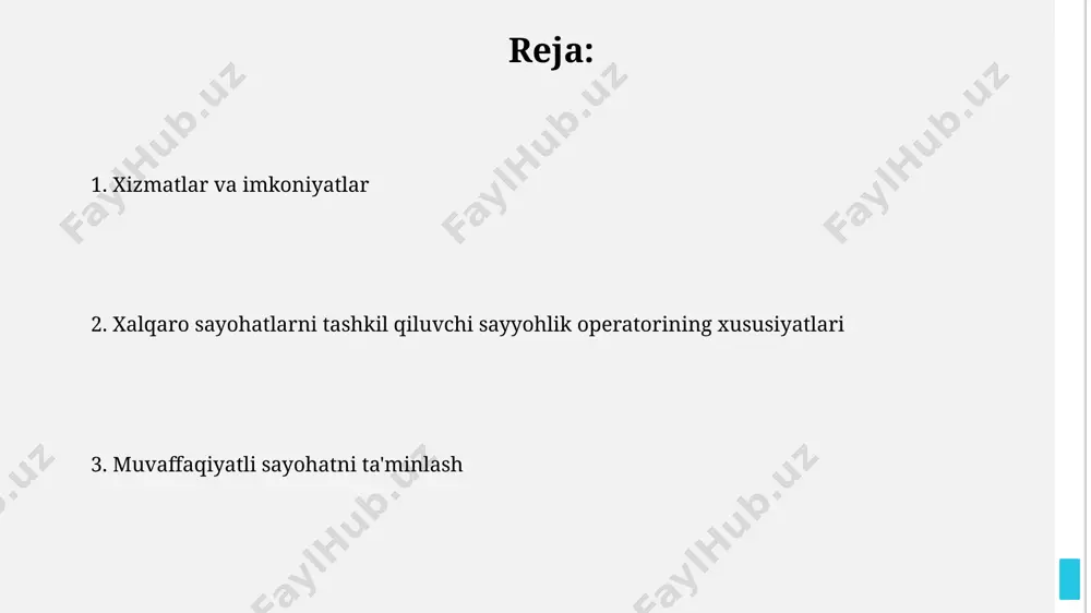 ehmonxonalar broni uchun tasdiqlovchi hujjatlarni taqdim etish, shuningdek, sog'liq sug'urtasi polisi majburiy hisoblanadi. xalqaro sayohatlar uchun kamida 2 ta vizaning rasmiylashtirilishi va 3 yildan ortiq amal qiladigan pasport talab qilinishi mumkin. mijozlarning fikr-mulohazalariga e'tibor salbiy fikr-mulohazalarning 95% i tezkor va samarali hal etilgan bo'lib, mijozlarning qoniqish darajasini oshirishga va kompaniya obro'sini mustahkamlashga yordam beradi. mijozlarning 5 yulduzli baholarining 80% dan ortig'i xizmat sifatining yuqori ekanligini va takroran sayohat buyurtmalarining ko'pligi operatorning ishonchliligini tasdiqlaydi. zamonaviy texnologiyalarni qo'llash big data tahlili orqali mijozlarning afzalliklarini aniqlash va shaxsiylashtirilgan takliflar yaratish marketing samaradorligini 20% ga oshiradi. sun'iy intellekt asosidagi chatbotlar mijozlarning savollariga tezkor javob berib, o'rtacha 15 minut vaqtdan tejashga yordam beradi va 10% gacha xatolikni kamaytiradi. madaniy va tarixiy joylarni tashrif buyurish 10 dan ziyod tilni qo'llab-quvvatlash orqali, xalqaro sayyohlar uchun professional tarjimon xizmatlarini taqdim etish va tarixiy joylar haqida audio-gidlarni taqdim etish. har bir sayyohlik guruhi uchun kamida 2 nafar tajribali gidning …