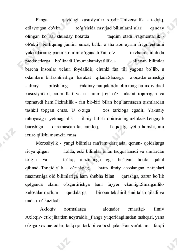ob beradi 15asrda osiyoning buyu k allomalari ilm-fanning yangi tarmoqlarini yaratdilar, es qilarini to’ldirdilar va yangi qonun, qonuniyatlarini kashf etdilar (muhammad xorazmiy; farg’oniy , farobiy, maxmud qoshg’ariy, beruniy, ibn sino, ulug’bek g”iyosiddin koshiy ali qushchi va boshqalar. osiyo madrasalarida asosan diniy bilimlar o’qitilgan bo`lsa, ba'zan zamonasining ilg’or mudarrislari tomonidan dunyoviy fanlardan (matematika, astronomiya, geografiya, tibbiyot elementlari va b.) ta'lim berilgan. akademiya tarzidagi muassasa va jamiyatlar sharq, mamlakatlarida ix asrlarda tarkib topgan bo`lsa, yevropada bunday jamiyatlar xv-xvi asrlardan boshlab tashkil qilingan. 2. hozirgi zamon ilm-fanidagi qarama-qarshiliklar va fanlarning umumiy klassifikasiyasi fanning rivojlanishi uchun imkon yaratish va uni boshqarish muhim ahamiyatga ega. ilmiy soha mutaxassislari va muassasalarni bir yerga jamlash va markazlashtirish umummilliy, xalqaro ilmiy tashkilot, markazlarning paydo bo`lishiga olib keladi. xx-asrda fan sohalari buyicha va kompleks harakterdagi ixtisoslashtirilgan ilmiy tadqiq,ot muassasalari keng taraqqiy etdi .ilmiy masalalarni hal qilish uchun maxsus ijodiy jamoalar, fan sohalari buyicha yirik ilmiy muassasa va labaratoriyalar tuzildi. …