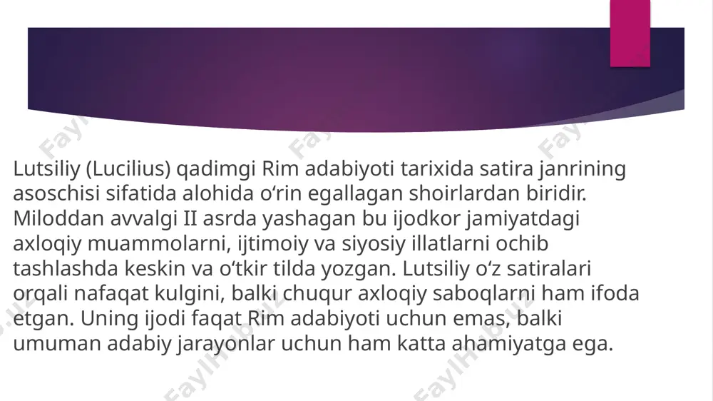 ati, u o‘z asarlarida o‘zini ham ayovsiz tanqid qilishdan qaytmagan. bu esa uni o‘z zamonasidagi odamlardan ajratib ko‘rsatgan. til va uslub lutsiliy o‘z ijodida o‘ta sodda va samimiy tilda yozgan. u murakkab iboralar va maqtovli ohanglardan qochib, oddiy xalq tili va hayotiy holatlarga tayanib ish ko‘rgan. uning asarlarida lotin tili keng xalq ommasi tushuna oladigan tarzda ifodalangan bo‘lib, bu uslub uni yanada ommalashtirgan. zamon va bugungi ahamiyati lutsiliyning ijodi nafaqat o‘z davrida, balki bugungi kunda ham axloqiy va ijtimoiy jihatdan dolzarbligini yo‘qotmagan. u yozgan mavzular – boylikka o‘chlik, soxtalik, adolatsizlik, insoniy zaifliklar – har bir davrda dolzarb bo‘lib qolaveradi. lutsiliy bizga o‘z asarlari orqali axloqiy qadriyatlarni qadrlash va insoniylikni yo‘qotmaslik haqida saboq beradi. lutsiliy o‘zining axloqiy xatlari va satiriy asarlari bilan qadimgi rim jamiyatida muhim o‘rin egallagan shoir bo‘lgan. u o‘z asarlarida odamlarni faqat kuldirishni emas, balki ularning kamchiliklarini ochib tashlash orqali yaxshilikka chaqirishni maqsad qilgan. u yozgan asarlar zamonaviy …