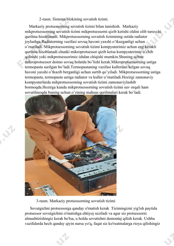 otsessorni qizib ketishi oldini olib turuvchi qurilma hisoblanadi. mikprotsessorning sovutish tizimining ostida radiator joylashga.radiatorning vazifasi sovuq havoni yaxshi o’tkazganligi uchun o’rnatiladi. mikprotsessorning sovutish tizimi kompyuterimiz uchun eng kerakli qurilma hisoblanadi chunki mikroprotsessor qizib ketsa kompyuterimiz o’chib qoloishi yoki mikprotsessorimiz ishdan chiqishi mumkin.shuning uchun mikroprotsessor doimo sovuq holatda bo’lishi kerak.mikroprotseesorning ustiga termopasta surilgan bo’ladi.termopastaning vazifasi kullerdan kelgan sovuq havoni yaxshi o’tkazib berganligi uchun surtib qo’yiladi. mikprotsessorning ustiga termopasta, termopasta ustiga radiator va kuller o’rnatiladi.hozirgi zamonaviy kompyuterlarda mikprotsessorning sovutish tizimi zamonaviylashib bormoqda.hozirga kunda mikprotsessorning sovutish tizimi suv orqali ham sovutilmoqda buning uchun o’zining mahsus qurilmalari kerak bo’ladi. 3-rasm. markaziy protsessorning sovutish tizimi sovutgichni protsessorga qanday o'rnatish kerak tizimingizni yig'ish paytida protsessor sovutgichini o'rnatishga ehtiyoj seziladi va agar siz protsessorni almashtirishingiz kerak bo'lsa, u holda sovutishni demontaj qilish kerak. ushbu vazifalarda hech qanday qiyin narsa yo'q, faqat siz ko'rsatmalarga rioya qilishingiz va tarkibiy qismlarga zarar bermaslik uchun hamma narsani diqqat bilan bajarishingiz kerak. …