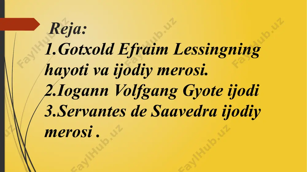 (germaniya) da birinchi muqim teatrga asos solinadi va lessing teatrga teatr tanqidchisi sifatida taklif etiladi. uning vazifasiga teatr repertuariga baho berish, aktyorlar ijrosini baholash kirar edi. lessingning ko’p sonli teatr taqrizlari “hamburg dramaturgiyasi” deb nomlangan (hamburgische dramaturgic, 1767-1768), “laokoon” dan keyingi nazariy risolasi edi. 8 1770-yili hamburg teatri yopilgach, braun shvayg gersogligidagi volfenbuttel shahriga kelib gersogning boy kutubxonasiga mudirlik qiladi. bu yerda u 1772-yili birinchi nemis ijtimoiy dramasi “emiliya golotti”ni nihoyasiga yetkazadi. 9 frankfurt shahrida yurist oilasida tug‘ildi. laykuna universitetida (grafik) o‘qib yurganda birinchi she’rlarini yozadi. uning dunyoqarashiga spinoza falsafasi-≪poetika≫ ta’siri kattabo‘ladi. studentlikyillari ganpening≪muhammadning hayoti≫ kitobidan rruhlanib, muhammad haqida drama yozmoqchi bo‘ladi (parchalar). your date here your footer here 10 iogann volfgang gyote © copyright presentationgo.com – the free powerpoint template library gyote 1771-yilning 14-oktabrida buyuk ingliz dramaturgi v.shekspirga bag‘ishlangan kechada ma’ruza qildi. ushbu ma’ruzasida u o‘zining estetik dasturini bayon etadi. ma’ruza shekspir dahosiga aytilgan madhiya bo‘lib, gyote uni yangi …