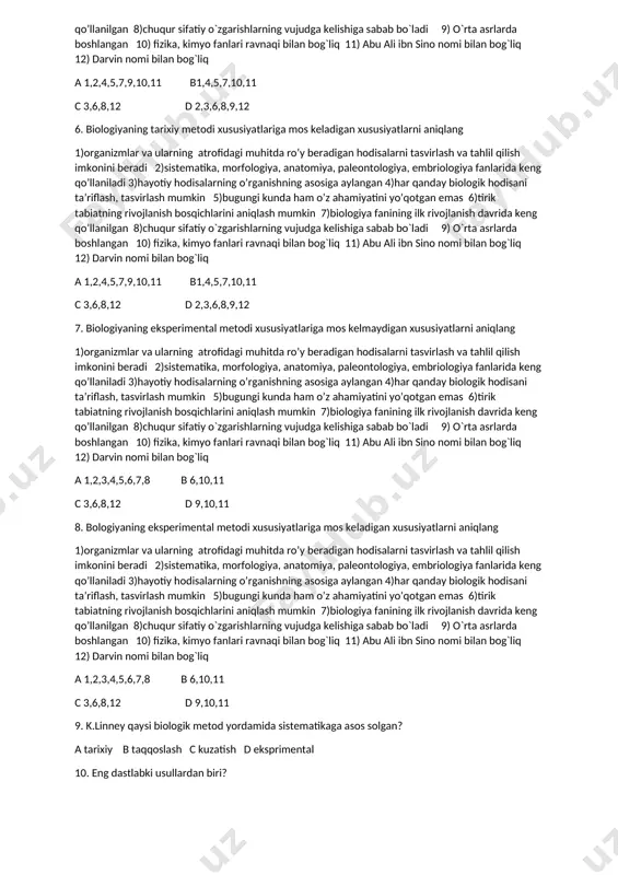 ,7,8 4. . biologiyaning taqqoslash metodi xususiyatlariga mos keladigan javobni belgilang 1)organizmlar va ularning atrofidagi muhitda ro’y beradigan hodisalarni tasvirlash va tahlil qilish imkonini beradi 2)sistematika, morfologiya, anatomiya, paleontologiya, embriologiya fanlarida keng qo’llaniladi 3)hayotiy hodisalarning o’rganishning asosiga aylangan 4)predmet va hodisalarning mohiyatini ochishga asoslangan 5)miqdor va sifat ko’rsatkichlarini ta’riflashda ko’p qo’llaniladi 6)tirik tabiatning rivojlanish bosqichlarini aniqlash mumkin 7)gekkel va myuller juda katta muvaffaqayatlarga erishgan 8)biologiyada qo’llanilishi ch.darvinning nomi bilan bog’liq a 2,3,5 b 2,5 c 2 d 2,4,7 5. biologiyaning tarixiy metodi xususiyatlariga mos kelmaydigan xususiyatlarni aniqlang 1)organizmlar va ularning atrofidagi muhitda ro’y beradigan hodisalarni tasvirlash va tahlil qilish imkonini beradi 2)sistematika, morfologiya, anatomiya, paleontologiya, embriologiya fanlarida keng qo’llaniladi 3)hayotiy hodisalarning o’rganishning asosiga aylangan 4)har qanday biologik hodisani ta’riflash, tasvirlash mumkin 5)bugungi kunda ham o’z ahamiyatini yo’qotgan emas 6)tirik tabiatning rivojlanish bosqichlarini aniqlash mumkin 7)biologiya fanining ilk rivojlanish davrida keng qo’llanilgan 8)chuqur sifatiy o`zgarishlarning vujudga kelishiga sabab bo`ladi 9) o`rta …