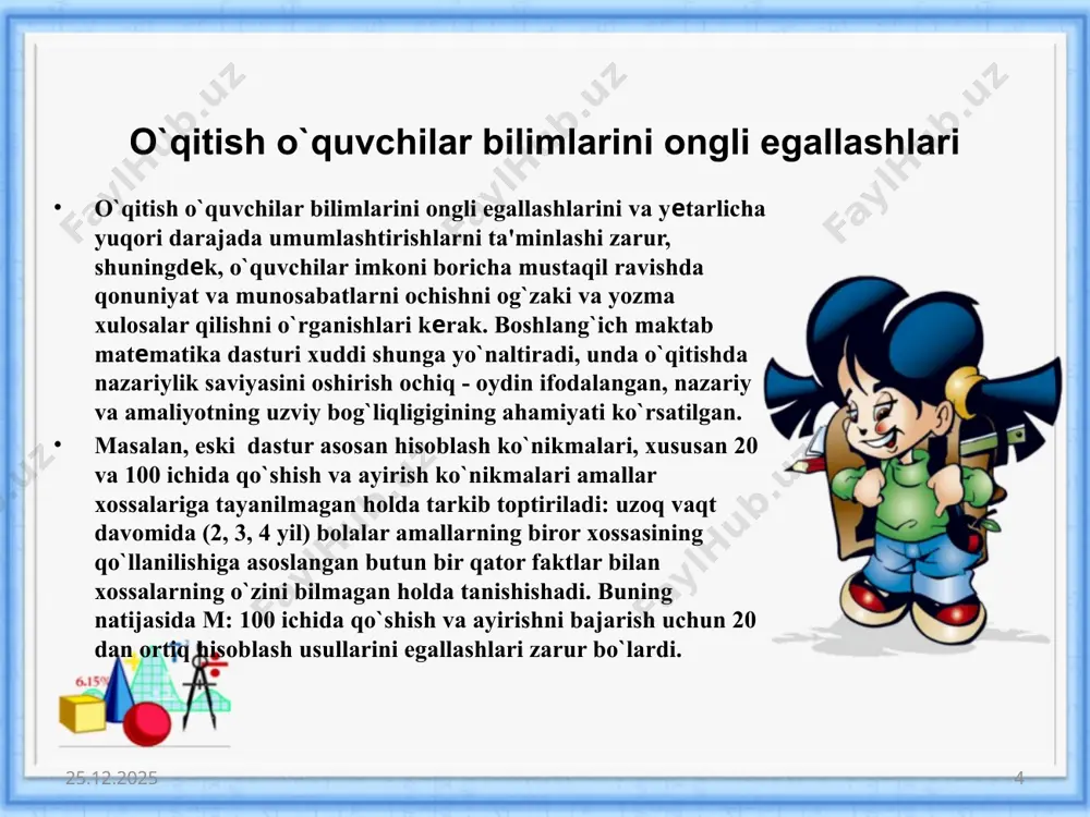 maktabda matematika o`qitishning tashkil etishning vazifalari - Page 4