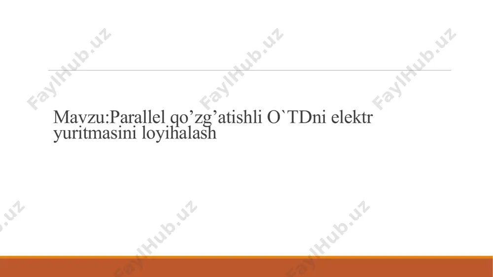 ih) = 0,5 (1 – 0.84) (220/37)=0.477 [ om ] salt ishlash burchak tezligi hisoblanadi: ω0 = ωhu / (u-ihrya)=(84.33*220)/(220-37*0.477)=91.68[ rad/sek ] bu yerda: ωh = nh / 9,55=770/9.55=80.63[ rad/sek ] salt ishlash aylanish tezligi aniqlanadi: n0 = 9.55ω0=91,68*9.55=826ay/min nominal moment hisoblanadi: =6800/80.63=84.33n*m bu yerda, ωp – dvigatel yakoriga qo’shimcha rp = 6rya qarshilik qo’shilgandagi burchak tezlik quyidagicha hisoblanadi ωp = ω0 [ 1-(ih (r2+rp) / uh)] ωp=91.68*(1-(37*(0.477+2.86)/220))=40.23 [ rad/sek ] parallel qo’zg’atishli o’tdni tabiiy va sun’iy mexanik xarakteristikalari parallel qo'zg'atishli dvigatelni ishga tushirish xarakteristikasini qurish va hisoblash. dvigatelning tabiiy xarakteristikasini qurish qo’zg’atish tokining nominal qiymatini hisoblaymiz. ibh = uh / =220/2.86=241 [ a ] yakorning nominal tokini aniqlaymiz: iyan= ibh - ih=76.9-37=39.9 [ a ] 4. nominal qarshilik qiymatini aniqlaymiz: rh =uh / iyan=220/39.9=5.51 [ om ] yoki nisbiy birliklarda dvigatel qarshiligi: ṙd = / rh=2.86/5.51=0.52 dvigatelni 4 pog’onali qarshilik orqali ishga tushadi deb qabul qilamiz: z = 4 …