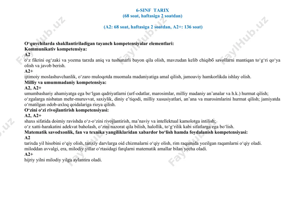 iyatlari, an’ana va marosimlarini hurmat qilish; jamiyatda o‘rnatilgan odob-axloq qoidalariga rioya qilish. o‘zini o‘zi rivojlantirish kompetensiyasi: a1, shaxs sifatida doimiy ravishda o‘z-o‘zini rivojlantirish, ma’naviy va intellektual kamolotga intilish. a1+ o‘z xatti-harakatini adekvat baholash, o‘zini nazorat qila bilish,halollik, to‘g‘rilik kabi sifatlarga ega bo‘lish. matematik savodxonlik, fan va texnika yangiliklaridan xabardor bo‘lish hamda foydalanish kompetensiyasi: a1 tarixda yil hisobini o‘qiy olish, tarixiy darvlarga oid chizmalarni o‘qiy olish, rim raqamida yozilgan raqamlarni o‘qiy oladi. miloddan avvalgi, era, milodiy yillar o‘rtasidagi farqlarni matematik amallar bilan yecha oladi. a1+ hijriy yilni milodiy yilga aylantira oladi. 6-sinf tarix (68 soat, haftasiga 2 soatdan) (a2: 68 soat, haftasiga 2 soatdan, a2+: 136 soat) o‘quvchilarda shakllantiriladigan tayanch kompetensiyalar elementlari: kommunikativ kompetensiya: a2 o‘z fikrini og‘zaki va yozma tarzda aniq va tushunarli bayon qila olish, mavzudan kelib chiqibб savollarni mantiqan to‘g‘ri qo‘ya olish va javob berish. a2+ ijtimoiy moslashuvchanlik, o‘zaro muloqotda muomala madaniyatiga amal qilish, jamoaviy hamkorlikda ishlay olish. …