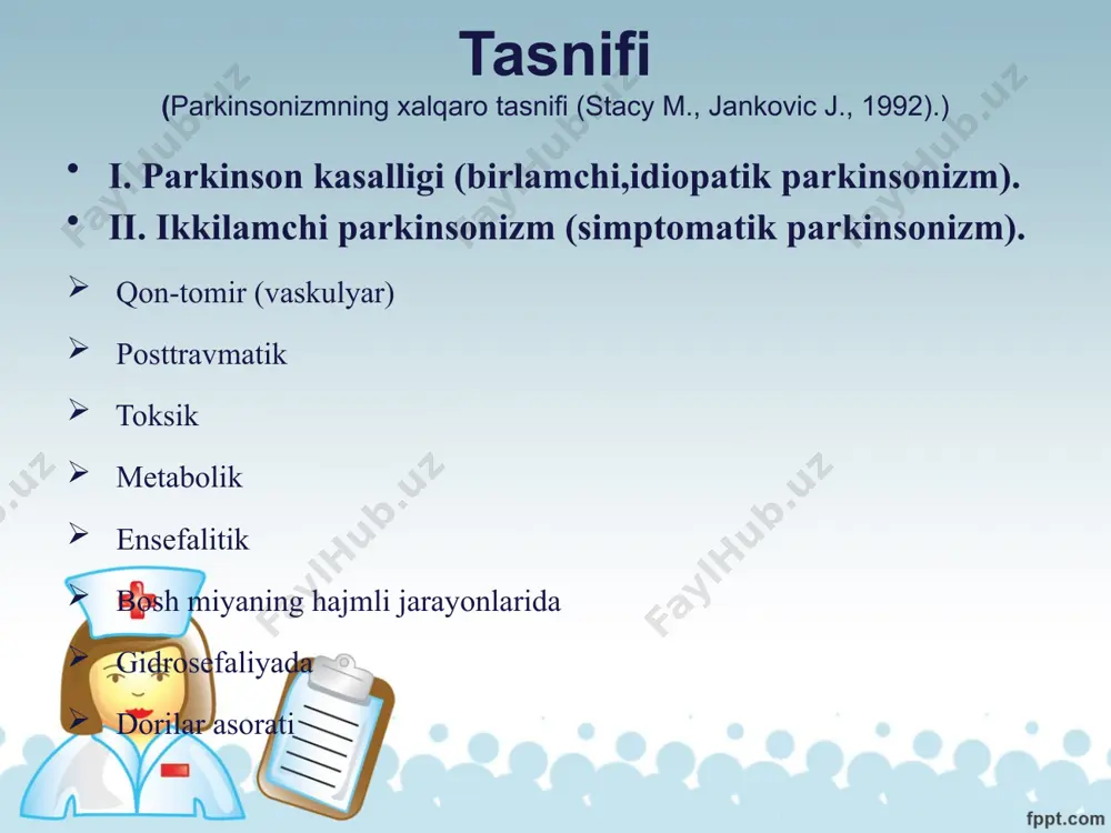 insonizm uchun juda xos va bu holat, qo‘rquv, xavotir bilan birgalikda namoyon bo‘ladi. parishonxotirlik va xotira buzilishlar deyarli har doim uchraydi va yillar o‘tib kuchaya boradi. keyinchalik demensiya rivojlanadi. tashxis qo‘yish algoritmi parkinsonizm tashxisini qo‘yish ketma-ket ravishda 3 bosqichda olib boriladi. 1-bosqich – parkinsonizm sindromi bor-yo‘qligini aniqlash. 2-bosqich – parkinson kasalligini inkor qiluvchi simptomlarni aniqlash. 3-bosqich – parkinson kasalligini tasdiqlovchi simptomlarni aniqlash. birinchi bosqich tekshirilayotgan bemorda parkinsonizm sindromi bormi yoki yo‘qmi, degan savolga javob izlashdan iborat. buning uchun quyidagi simptomlarni aniqlab olish kerak: 1) gipokineziya; 2) mushaklar rigidligi; 3) tinch holatdagi tremor ikkinchi bosqich parkinson kasalligini inkor qiluvchi simptomlarni aniqlashdan iborat. quyidagi holatlar va belgilar aniqlansa, parkinson kasalligi inkor qilinadi: bemor bir necha bor insult, bosh miya jarohatlari,ensefalit va boshqa serebral kasalliklar o‘tkazgan bo‘lsa; kasallik boshlanishidan oldin neyroleptiklar bilan davolangan bo‘lsa; simptomlarning 3 yil mobaynida faqat bir tomonlama namoyon bo‘lishi; uzoq davom etuvchi remissiya aniqlansa; nigohning supranuklear falaji aniqlansa; parkinsonizmga …