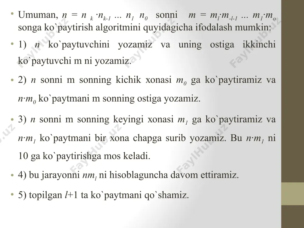 o`nli sanoq sistеmasida nomanfiy butun sonlar ustidagi arifmеtik amallarning algoritmi. - Page 5