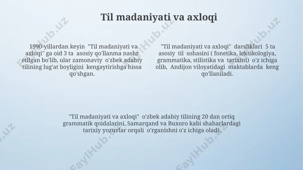 loyatlarning, masalan, qashqadaryo viloyatining lahjalariga nisbatan fonetik jihatdan sezilarli farqlarga ega. oʻzbek tilining 2 ta asosiy dialekti – qipchoq va oʻgʻuz – samarqand va buxoro viloyatlarida 5 dan ortiq lahjalarning mavjudligini koʻrsatadi. zamonaviy oʻzbek adabiy tilining shakllanishi oʻzbekiston mustaqilligi (1991) dan keyin, adabiy tilning rivojlanishiga 20 dan ortiq yangi lugʻatlar, grammatika qoʻllanmalari va boshqa normativ hujjatlar ta’sir koʻrsatdi. 1940-yillarga kelib, oʻzbek adabiy tilining asosiy dialektal xususiyatlari aniqlanib, samarqand va buxoro shevalarining ta’siri sezilarli darajada kamaydi. 1920-yillardan boshlab, toshkentda oʻzbek yozuvini lotin grafikasiga oʻtkazish boʻyicha faol ishlar boshlandi, bu zamonaviy adabiy tilning shakllanishiga sezilarli ta’sir koʻrsatdi. oʻzbek adabiy tilining rivojlanish yoʻllari 1920-yillardan boshlab oʻzbekiston hududida lotin yozuviga oʻtish, keyinchalik kirill va hozirgi lotin alifbosiga oʻtish milliy tilning rivojlanishiga sezilarli taʼsir koʻrsatdi. oʻzbekiston fanlar akademiyasi va toshkent davlat universiteti kabi muassasalar adabiy tilning tozaligi va boyitishida muhim rol oʻynadi, 100 dan ortiq ilmiy ishlar nashr qilindi. respublikamizda 20-asrning ikkinchi yarmidan boshlab adabiy …