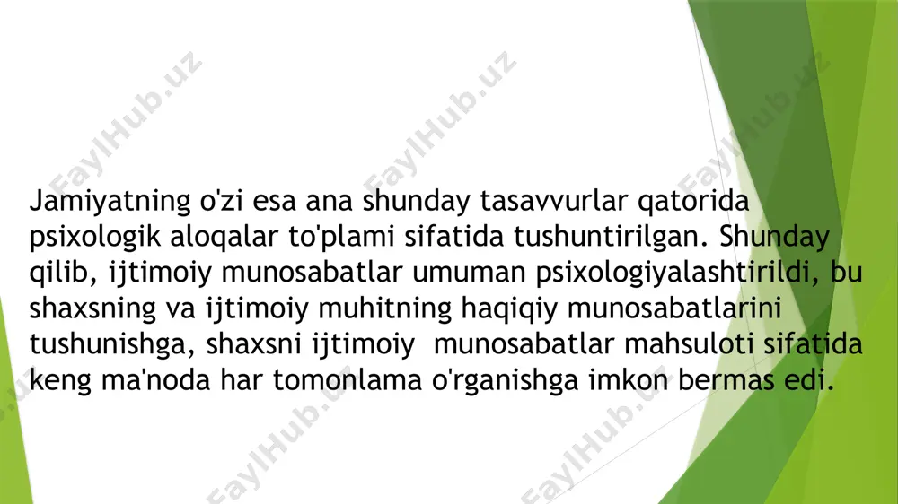 iyaning predmeti ijtimoiy hayotning (siyosiy, iqtisodiy, ma'naviy, turmush shakllari psixologik aspektlarini va mos ravishda: siyosiy hayotning ijtimoiy psixologiyasi, bozor iqtisodiyotining ijtimoiy psixologiyasi, san'at va madaniyatning ijtimoiy psixologiyasi, turmush ijtimoiy psixologiyasi va shu kabilar. mualliflarning (g.m.andreva, a.v.petrovskiy, b.d.parigina, m.rbityanova, k.k.platonova, e.s.kuzrnin, rs.nemov va boshq.) mulohaza va dalil1arini ko'rib chiqing va bir xulosaga keling: ijtimoiy psixologiyaning predmetini ta'riflashning qaysi biri sizningcha to'g'ri, agarda bu fanning amaliy ahamiyatidan kelib chiqadigan bo'lsak. ushbu savol talablari uchun qiyin bo'lishi mumkin, chullki «ijtimoiy psixologiya» kursi predmeti va masalalari haqidagi birinchi ma'ruzada o'qituvchi ushbu savolga javob topishga o'quvchilarga yordam berish uchun ma'lum nazariyani sharhlab berishga to'g'ri keladi. buning uchun faoliyatni boshlanishdagi jamoat, jamoa va shaxsning ham ehtiyojlarini qondiruvchi sifatida talqin qilishu.:n iborat bo'lgan «ijtimoiy psixologiya» tushunchasining genetik boshlanishini ko'rsatishgina yetarli hisoblanadi, bu uning - birinchi tomoni, ikkinchidan bo'lsa, shaxsni jamoani va ijtimoiy jarayonda, ya'ni o'zining kelib chiqishi bo'yicha ijtimoiy faoliyatda munosabatlar mahsuloti sifatida tushunilishi.