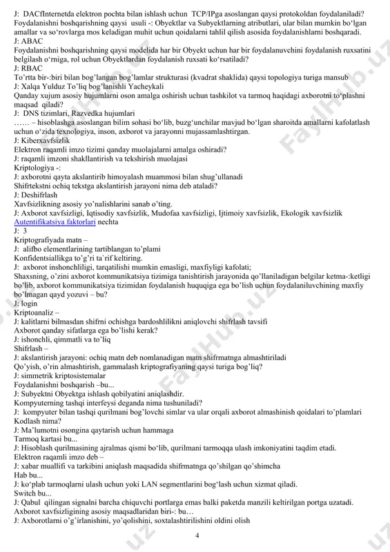 ktorlari nechta j: 3 kriptografiyada matn – j: alifbo elementlarining tartiblangan to’plami konfidentsiallikga to’g’ri ta`rif keltiring. j: axborot inshonchliligi, tarqatilishi mumkin emasligi, maxfiyligi kafolati; shaxsning, o’zini axborot kommunikatsiya tizimiga tanishtirish jarayonida qo’llaniladigan belgilar ketma-:ketligi bo’lib, axborot kommunikatsiya tizimidan foydalanish huquqiga ega bo’lish uchun foydalaniluvchining maxfiy bo’lmagan qayd yozuvi – bu? j: login kriptoanaliz – j: kalitlarni bilmasdan shifrni ochishga bardoshlilikni aniqlovchi shifrlash tavsifi axborot qanday sifatlarga ega bo’lishi kerak? j: ishonchli, qimmatli va to’liq shifrlash – j: akslantirish jarayoni: ochiq matn deb nomlanadigan matn shifrmatnga almashtiriladi qo’yish, o’rin almashtirish, gammalash kriptografiyaning qaysi turiga bog’liq? j: simmetrik kriptosistemalar foydalanishni boshqarish –bu... j: subyektni obyektga ishlash qobilyatini aniqlashdir. kompyuterning tashqi interfeysi deganda nima tushuniladi? j: kompyuter bilan tashqi qurilmani bog’lovchi simlar va ular orqali axborot almashinish qoidalari to’plamlari kodlash nima? j: ma’lumotni osongina qaytarish uchun hammaga tarmoq kartasi bu... j: hisoblash qurilmasining ajralmas qismi bo‘lib, qurilmani tarmoqqa ulash imkoniyatini taqdim etadi. elektron …