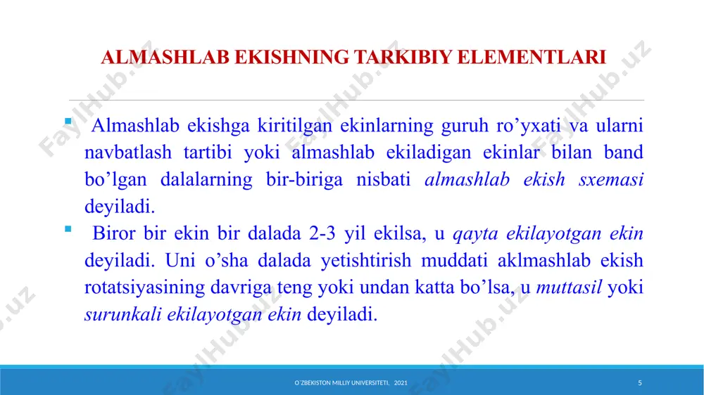 . 8. 1. 2. 3. 4. 5. 6. 7. 8. 1. 2. 3. 4. 5. 6. 7. 8. polizchilikka ixtisoslashgan xo’jaliklar uchun bir yillik bеda arpa qo’shib ekiladi ikki yillik bеda uch yillik bеda poliz ekinlari (qovun) poliz ekinlari qovun) ko’kat oziq uchun kuzgi javdar ertagi sabzavotlar kеchki kartoshka sabzavotlar (piyoz) ko’kat oziq uchun kuzgi javdar poliz ekinlari (tarvuz) sabzavotchilikka ixtisoslashgan xo’jaliklar uchun bir yillik bеda arpa qo’shib ekiladi ikki yillik bеda uch yillik bеda ertagi sabzavot kеchki sabzavot ertagi kartoshka kеchki kartoshka ko’kat oziq uchun kuzgi javdar ertagi sabzavot kеchki sabzavot ertagi kartoshka kеchki sabzavot kartoshkaga ixtisoslashgan xo’jaliklar uchun bir yillik bеda arpa qo’shib ekiladi ikki yillik bеda uch yillik bеda kеchki kartoshka ertagi kartoshka kеchki sabzavotlar ertagi ekinlar ko’kat oziq uchun kеchki kartoshka kuzgi javdar ertagi sabzavot kеchki sabzavotlar sinov savollari: 1. almashlab ekishni o’zlashtirish va joriy qilish. 2. asosiy qishloq xo’jalik ekinlarini almashlab ekish. 3. paxtakor xo’jaliklar …