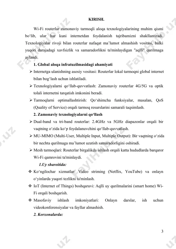 ish: · routerga kelgan ma’lumot paketi ip manziliga qarab kerakli yo‘nalishga uzatiladi. · masalan, foydalanuvchi veb-saytga kirganida router ma’lumotni global tarmoqqa yuboradi va javob paketlarini qaytaradi. b. wi-fi tarmog‘ini boshqarish · router simsiz signallarni uzatish uchun radio to‘lqinlardan foydalanadi (2.4ghz va 5ghz diapazonlar). · qurilmalar wi-fi orqali ssid (service set identifier) yordamida routerni aniqlaydi. · ma’lumot uzatish paytida signal shifrlanadi (masalan, wpa3 xavfsizlik protokoli orqali). 3. asosiy texnologik komponentlar a. routerning ichki qismlari · protsessor: routerning barcha hisoblash jarayonlarini boshqaradi. · xotira (ram): trafikni qayta ishlash va vaqtinchalik ma’lumotlarni saqlash uchun ishlatiladi. · rom/firmware: routerning operatsion tizimi va dasturlari joylashgan. · antenna: wi-fi signallarni uzatish va qabul qilish uchun ishlatiladi. b. ma'lumotlar uzatish protokollari · tcp/ip: internetda ma’lumot paketlarini boshqaruvchi asosiy protokol. · 802.11 standarti: wi-fi texnologiyasining asosiy standartlari (802.11n, 802.11ac, 802.11ax). · dhcp: dinamik ip manzillarni taqsimlash. 4. qo‘shimcha funksiyalar · qos (quality of service): trafikni tartibga solib, muhim …