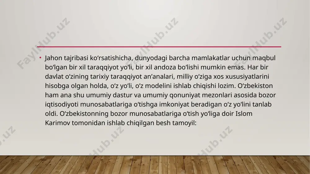a xususiy tadbirkorlikni qo‘llab-quvvatlash chora - tadbirlari to‘g‘risida” qarori qabul qilindi. natijada respublikada ishlab chiqarilayotgan go‘sht va sutning 75% ini xususiy sektor bera boshladi. o‘zbekistonda bozor munosabatlariga o‘tish sharoitida fermer xo‘jaliklarining tashkil topishi agrar islohotlarning asosiy mazmunini tashkil etdi. 1992 - yil o‘zbekiston respublikasi “dehqon (fermer) xo‘jaligi to‘g‘risida” qonunning qabul qilinishi uning dastlabki bosqichini belgilab berdi. 1998 - yilda o‘zbekiston respublikasi “fermer xo‘jaliklari to‘g‘risida”gi qonunining qabul qilinishi mazkur sohaning to‘laqonli rivojlanishi uchun huquqiy asos bo‘ldi. mustaqillikning dastlabki yillaridan mamlakat rahbariyati oziq - ovqat muammosini o‘z imkoniyatlarimiz hisobidan hal qilish, ayniqsa, don mustaqilligini ta’minlash masalasini kun tartibiga qat’iy vazifa qilib qo‘ydi. mamlakatda paxta yakkahokimligiga barham berildi. natijada oziq - ovqat xavfsizligi, g‘alla mustaqilligi ta’minlandi. 1996 yil o‘zbekiston qishloq xo‘jaligida erlarning suv ta’minoti va meliorativ holatini yaxshilash bo‘yicha 2003 – 2009 - yillarda 801,5 ming aqsh dollari qiymatidagi 21 ta loyiha amalga oshirildi. amalga oshirilgan bunday tadbirlar natijasida qishloq xo‘jaligi ekinlarining hosildorligi …