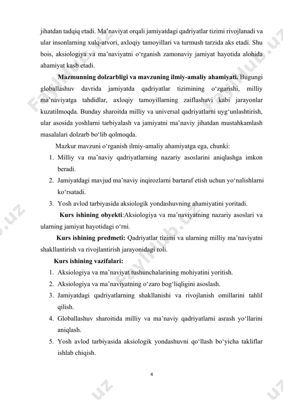 nning “g‘oyalar olami” nazariyasida yaxshi, chiroyli va adolatli kabi tushunchalar ilohiy qadriyatlar sifatida talqin qilingan. aristotel esa qadriyatlarni insonning baxt-saodati va maqsadlariga erishish vositasi sifatida ko‘rgan. · o‘rta asrlar:o‘rta asrlarda aksiologik qarashlar asosan diniy e’tiqodlar bilan bog‘liq holda rivojlangan. xristianlik va islomda axloqiy qadriyatlar ilohiy buyruqlar sifatida qaralgan. shuningdek, qadriyatlarning manbai sifatida diniy e’tiqod va xulq-atvorning ahamiyati ta’kidlangan. · yangi davr:aksiologiyaning mustaqil yo‘nalish sifatida shakllanishi 19-asrga to‘g‘ri keladi. germaniyalik faylasuflar i. kant va f. nitsshe bu borada muhim hissa qo‘shgan. kant qadriyatlarni axloqiy me’yorlar bilan bog‘lagan holda insonning erkin qaror qabul qilish qobiliyatiga alohida e’tibor qaratgan. nitsshe esa qadriyatlarning nisbiy ekanligini va ularni jamiyatga bo‘lgan munosabat asosida shakllanishini ta’kidlagan. · 20-asr va zamonaviy aksiologiya:aksiologiya 20-asrda maxsus falsafiy yo‘nalish sifatida rivojlanib, bu sohada m. sheler, n. xartman kabi olimlar o‘z asarlarini yaratdilar. bu davrda qadriyatlarning nisbiyligi va ular jamiyat turli qatlamlarida qanday aks etishi masalalari keng o‘rganildi. aksiologiya qadriyatlar haqida nazariy …