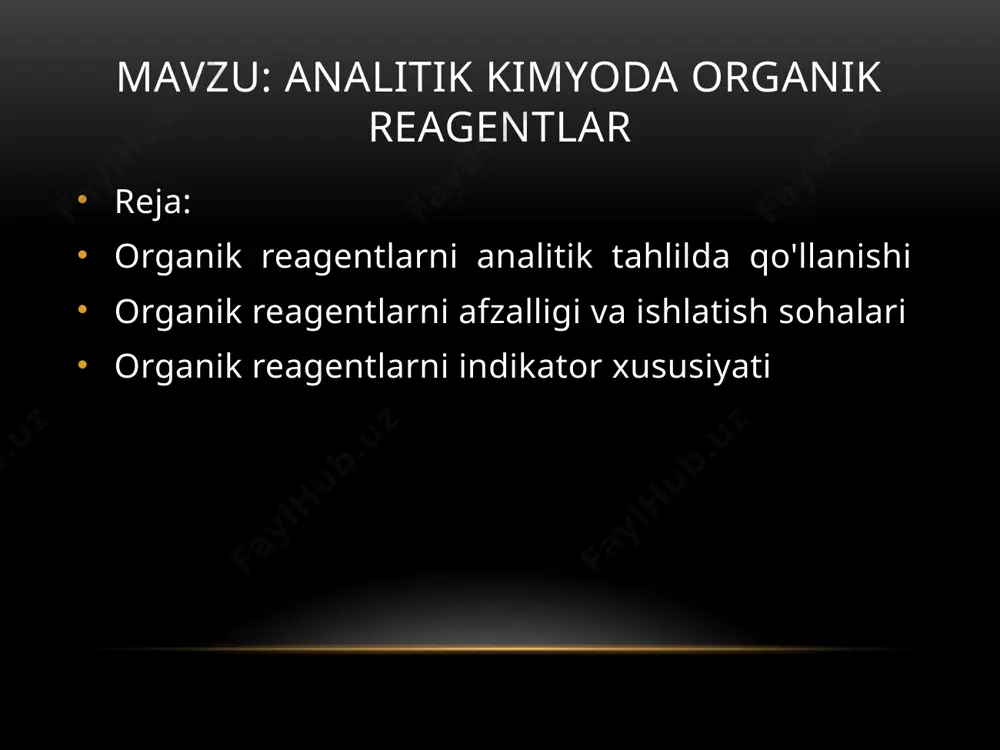 ak: 1)oz eruvchan kompleks birikma xosil qilishi. 2) xosil bo‘ladigan kompleksning barqarorlik doimiysi katta bo‘lishi kerak β ≤ 10+8 3)organik reagent suvda eruvchan bo‘lishi kerak. analizda qo'llaniluvchi reagentlar anorganik va organik tabiatli bo‘ladi. keyingi yillarda anorganik ligandli komplekslardan ko‘ra organik ligandli komplekslar ko‘proq ishlatilmoqda. bunga ular ishtirokida seziluvchan, selektiv reaksiya bo‘lishi, reaksiyalaming aniqligi yuqoriligi sabab bo‘lmoqda. organik ligandli komplekslaming ko‘pchiligi ichki kompleks birikmalarga kiradi masalan, aluminiyni alizarin va 8-oksixinolin, nikelni dimetilglioksim, magniyni 8- oksixinolin, kalsiy, stronsiy va bariyni natriy rodizonat kabi reaktivlar bilan topish bunga misol bo‘la oladi. analizda qo‘llaniladigan organik reagentlarga organik analitik reagentlar (oar) deyiladi, ularning molekulalarida analitik markaz bo‘lib, u ikki muhim gruppadan iborat bo‘ladi. ulardan biri funksional analitik gruppa (fag) deb yuritiladi. fag anorganik ionlar bilan ta’sirlashish qobiliyatiga ega bo‘lgan spetsifik gruppadir. bu gruppalaming ta’sirlashishidan hosil bo'lgan birikmaning analitik effektini analitik aktiv gruppalar (aag) deb ataluvchi gruppalar ta ’minlaydi. shular hisobga olinsa, kompleks hosil qiluvchi oar …