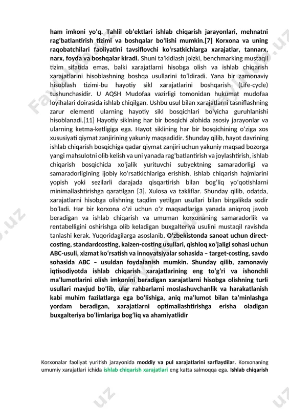 hiqarilgan mahsulot turi esa kalkulyatsiya obyekti hisoblanadi.[12, 14] usul operatsiya qiymatining indikatorini olish imkonini beradi, bu rejalashtirilgan va haqiqiy hisob-kitobning aniq koʻrsatkichini aniqlashga taʼsir qiladi. ushbu tizim kompaniyaning bilvosita xarajatlarini batafsil, bosqichma-bosqich taqsimlashga qaratilgan, chunki u barcha operatsiyalarni mahsulot turiga qarab tasvirlaydi.[6] bu bilvosita xarajatlar koʻproq toʻgʻridan-toʻgʻri boʻlib, oʻsha paytlarda tovar mahsulotlar narxini aniqlash uchun boshqarish yordam beradi [2]. shunday qilib, eng muhim xarajat elementlariga eʼtibor qaratish natijasida resurslarni optimallashtirish mumkin. abc usuli yuqoridagi xarajatlar ulushi yuqori boʻlgan tadbirkorlik subyektlari uchun samarali. ushbu usulning kamchiliklari murakkabligi, shuningdek, iqtisodiy muhitning doimiy oʻzgarishi sharoitida buxgalteriya tizimini dolzarb saqlashning murakkabligi: qonunchilikdagi oʻzgarishlar, resurslar tariflari, valyuta kurslari. shuningdek, ushbu usulni qoʻllash tashkilotlardan katta mablagʻlar va malakali xodimlarni talab qiladi. 20 asrda yaponiyada target-costing xarajatlarini hisobga olish tizimi paydo boʻldi. bu usul hozirda butun dunyoda xizmatlar va innovatsiyalar sohasiga aloqador tashkilotlarda keng qoʻllanilmoqda.[13] tizimning mohiyati-belgilangan parametrlar boʻyicha hisoblash. ushbu usulning asosi mahsulotning bozor qiymati va …