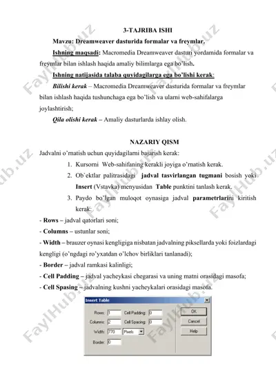 dreamweaver dasturida formalar va freymlar — DOCX