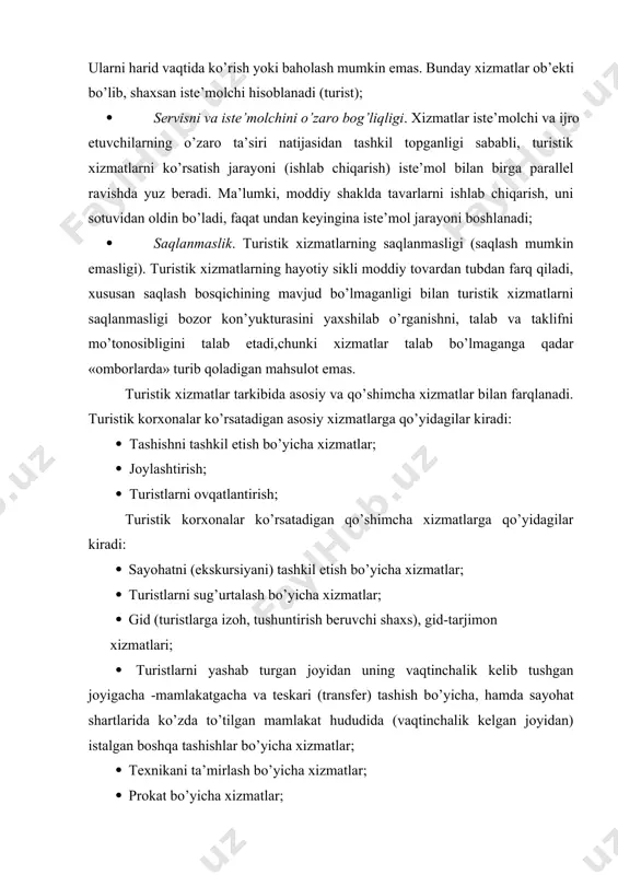 a xizmatlar; · prokat bo’yicha xizmatlar; · valyuta ayirboshlash; · telefon xizmati; · pochta xizmati; · maishiy xizmat ko’rsatish xizmatlari; · plyajlardan foydalanish xizmatlari va h.k. bunday bo’linish iste’mol hususiyatlari nuqtai nazaridan olib qaraganda, ahamiyatli farqlar yo’qligi sababli shartlidir. yo’llanmada qayd qilingan va asosiy dasturga kiritilgan xizmatlar asosiy hisoblanadi. qo’shimcha xizmatlarni yetib kelgan joyida turistni o’zi mustaqil harid qiladi. ular yo’llanma narxiga kirmaydi. ko’pgina holatlarda turistik asosiy xizmatlarga transport xizmatlari, joylashish va ovqatlantirish xizmatlaridan tashkil topadi. ammo, tanishuv (ekskursion), malakaviy ish turizmi, sport, diniy maqsadlarda sayohatlar tashkil etilganda qo’shimcha xizmatlar ham ushbu turlarning asosini tashkil etadi. asosiy va qo’shimcha xizmatlar o’rtasidagi farq, ularni dastlabki harid qilingan yo’llanma paketiga kiritilgan xizmatlardan tashkil topadi. turistlarga nomoddiy xizmatlardan tashqari moddiy xizmatlar yoki maxsus mahsulotlar taqdim etilishi mumkin, masalan shahar rejasi, metro haritasi, suvenirlar, turistik jihozlar. shunday qilib o’zbekistonda turizm bozorini o’rganish va rivojlantirish jarayonida, kelgusida turizmni asl mohiyatini belgilovchi qo’yidagi uchta jihatlarni hisobga …