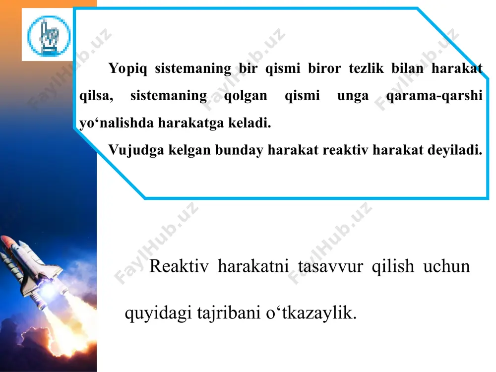 nalishda reaktiv kuch vujudga keladi. bu kuch ta’sirida raketa harakatga keladi va υr reaktiv tezlik oladi (127-rasm). raketa soplosidan chiqayotgan gazning massasi mg, tezligi υg, raketaning massasi mr, olgan reaktiv tezligi υr bo‘lsin. impulsning saqlanish qonunini qo‘llab, quyidagi tenglikni yozish mumkin: formuladan ko‘rinadiki, raketaning massasi qancha kam bo‘lsa, uning reaktiv tezligi shuncha katta bo‘ladi. haqiqatda ham, raketa massasining katta qismi yoqilg‘i massasiga to‘g‘ri keladi. yoqilg‘i yonishi jarayonida uning miqdori hamda raketa massasi kamayib boradi. bu esa raketa tezligining oshib borishiga olib keladi. raketa belgilangan balandlikka chiqqunga qadar uning yoqilg‘idan bo‘shagan qismlari navbatma-navbat ajralib, havoda yonib ketadi. raketaning kichik bir qismi – kosmik kema (yerning sun’iy yo‘ldoshi) uchishni davom ettiradi. impulsning saqlanish qonuni asosida hosil bo‘ladigan reaktiv harakat kosmonavtikaning asosi hisoblanadi. kosmik raketa va kemalarning yaratilishiga olimlardan k. e. siolkovskiy (1852–1935), s. p. korolyov (1906–1966), m. v. keldish (1911–1978), v. braun (1912–1976), g. obert (1894–1989) va boshqalar katta hissa qo‘shganlar. hozirda …