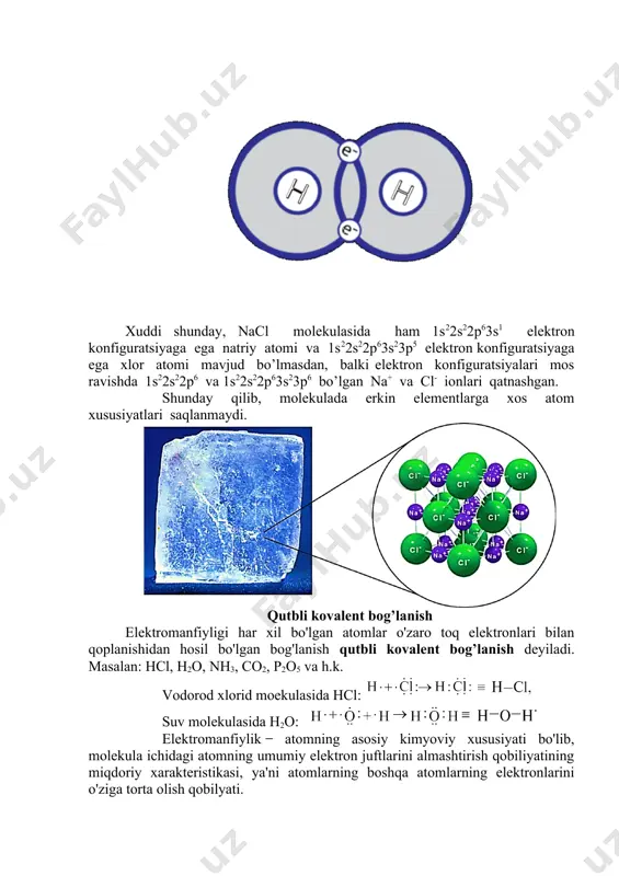 ladi. masalan: hcl, h2o, nh3, co2, p2o5 va h.k. vodorod xlorid moekulasida hcl: suv molekulasida h2o: elektromanfiylik ̶ atomning asosiy kimyoviy xususiyati bo'lib, molekula ichidagi atomning umumiy elektron juftlarini almashtirish qobiliyatining miqdoriy xarakteristikasi, ya'ni atomlarning boshqa atomlarning elektronlarini o'ziga torta olish qobilyati. qattiq jismlar atom va molekulalarinit joylashishiga qarab amorf va kristall jismlarga bo‘linadi, amorf jismlar izotropik xossaga ega bo‘lib, ularning fizikaviy xossalari hamma yo‘nalishlar bo‘yicha bir xil bo‘ladi. amorf jismlarning xossalari o‘ta qovu- shoq suyuqliklar xossalariga o‘xshashdir. shu sababli hozirgi vaqtda amorf jismlarni o‘ta sovigan suyuqlik deb qaralib, qattiq jism terminidan faqat kri- .stall tuzilishga ega bo‘lgan jismlarnigina xarakter- lashda foydalaniladi. biz kristall jiyemlarning xossalari, xususan, yarim o‘tkazgich kristall jism ustida so‘z yuritar ekanmiz, qattiq jism terminini ishlatganimizda kristall jismni nazarda tutamiz. kristall qattiq jismlarda•atom va molekulalar ma’lum tartibda joylashgan bo‘lib, har xil kristall paijarani hosil qiladi. shu sababli ularning fizikaviy xossalari turli yo‘nalyshlar bo‘yicha bir xil bo‘lmaydi, ya’ni …