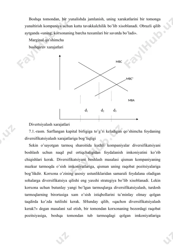 uchun) oldinga va orqaga vertikal integratsiyani ham o’z ichiga olishi mumkin. yana bir imkoniyat kompaniya faoliyatini diversifikatsiyalashdir. kompaniyaning o’sishi va rivojlanishi odatda uchta asosiy bosqichdan iborat: - milliy bozorda yakka biznesga ixtisoslashish; - vertikal integratsiya, yoki asosiy biznesdagi eng kuchli pozitsiya tomon global ekspansiya; - erkin resurslarni biznesning boshqa turiga investitsiyalash yuli bilan diversifikatsiyalash. bularning barchasi kompaniyaning o’sishiga olib keladi, ammo «diversifikatsiyalash darajasi» oshgan sari kamayuvchi qaytim «qonuni»ni nazarda tutish kerak. ma’lum bir nuqtadan so’ng ekstensiv diversifikatsiyalash, vertikal integratsiya va biznesning baynalminallashuvi sarflangan kapital birligiga to’gri keladigan daromadlarning kamayishiga olib keladi, chunki kompaniya birinchi navbatda eng daromadli qulay imkoniyatlarni amalga oshiradi, so’ngra eng kam daromad keltiruvchi imkoniyatlar qoladi, bu esa korxonaning o’sish imkoniyatlarini cheklab qo’yadi. buni 8-rasmda ko’rishimiz mumkin. diversifikatsiyalashni qo’llash diversifikatsiyalashning tub maqsadi aktsionerlar uchun qadriyatlar yaratish xisoblanadi. yagona korporativ tizimga birlashgan korxonalar guruxi ularning xar biri beradigan samaradan ko’proq samara bermas ekan, diversifikatsiyalash aktsiyalarning daromadliligini oshirmaydi. agarda «a» …